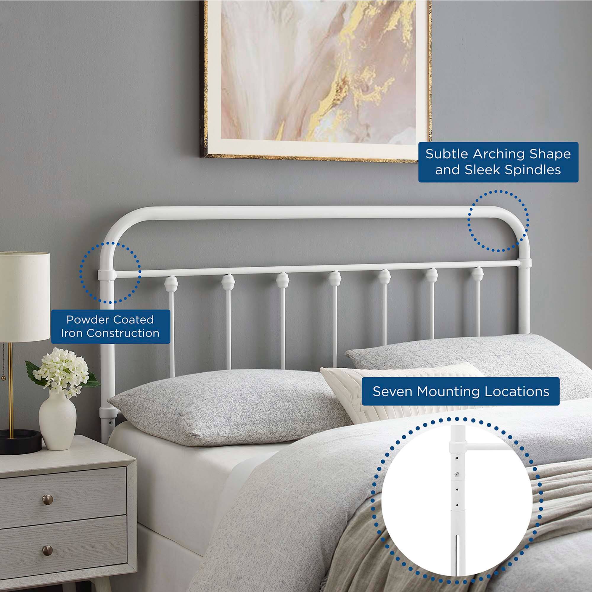 - Subtle Arching Shape and Sleek Spindles
- Powder Coated Iron Construction
- Seven Mounting Locations