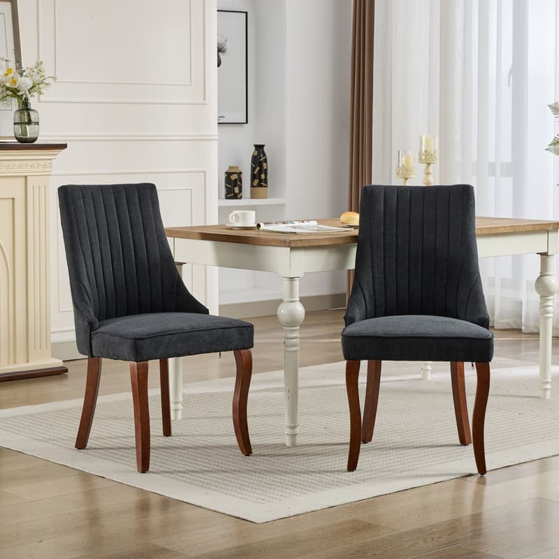 HTUTWOO - Fabric Dining Chairs with High Back & Curved Solid Wood Legs, Set of 2 for Dining Room, Kitchen, Home Use for Families - Black