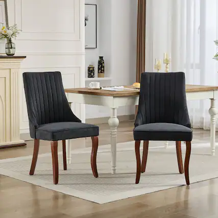 Front. HTUTWOO - Fabric Dining Chairs with High Back & Curved Solid Wood Legs, Set of 2 for Dining Room, Kitchen, Home Use for Families - Black.