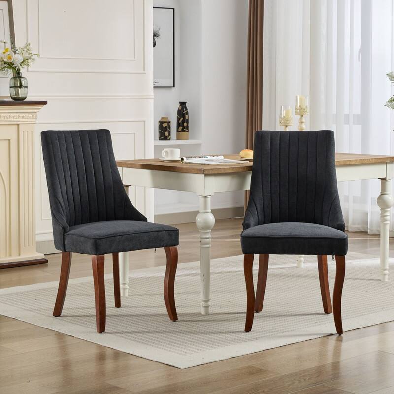 Front. HTUTWOO - Fabric Dining Chairs with High Back & Curved Solid Wood Legs, Set of 2 for Dining Room, Kitchen, Home Use for Families - Black.
