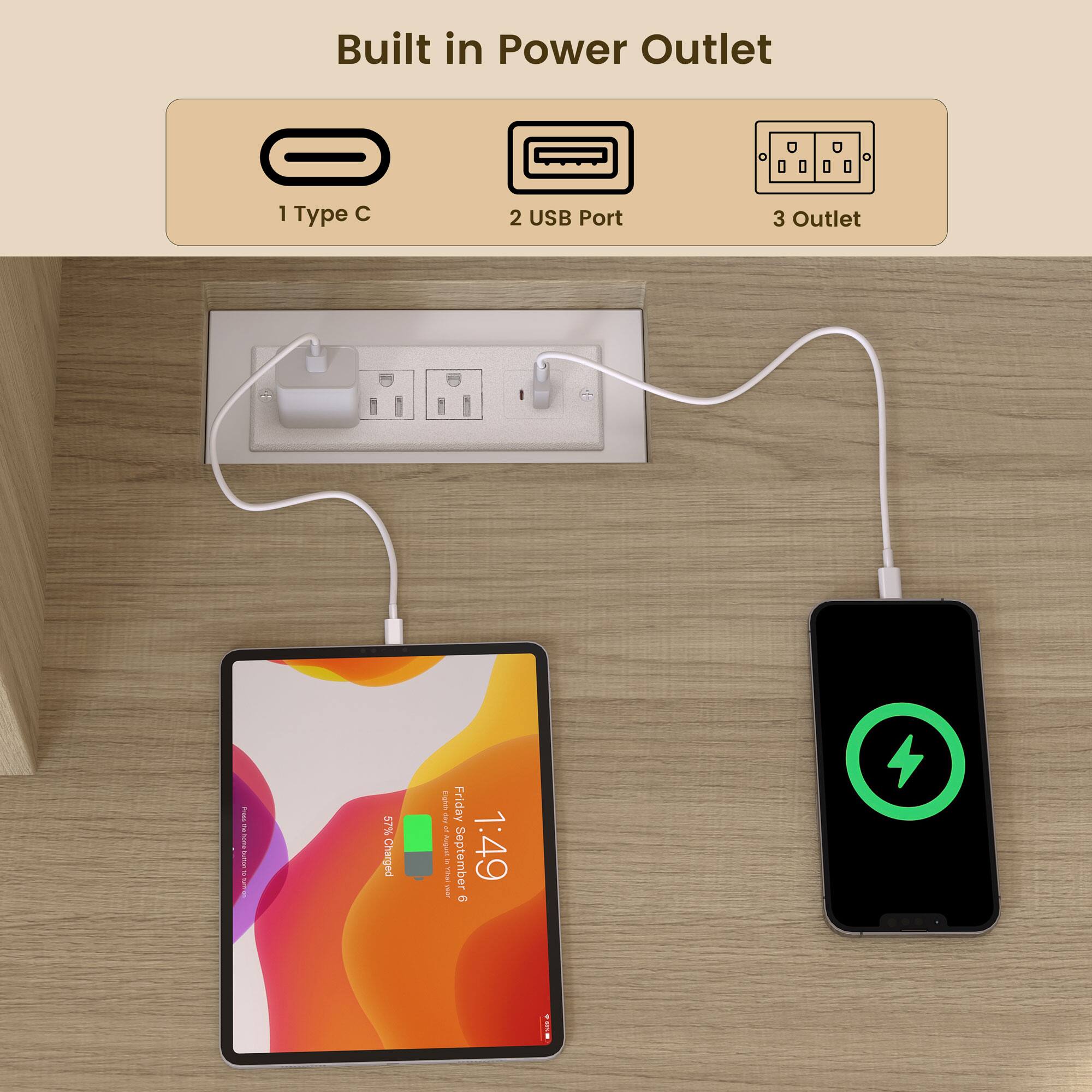 Built in Power Outlet

1 Type C  
2 USB Port  
3 Outlet

57% Charged  
Friday  
1:49  
September 9