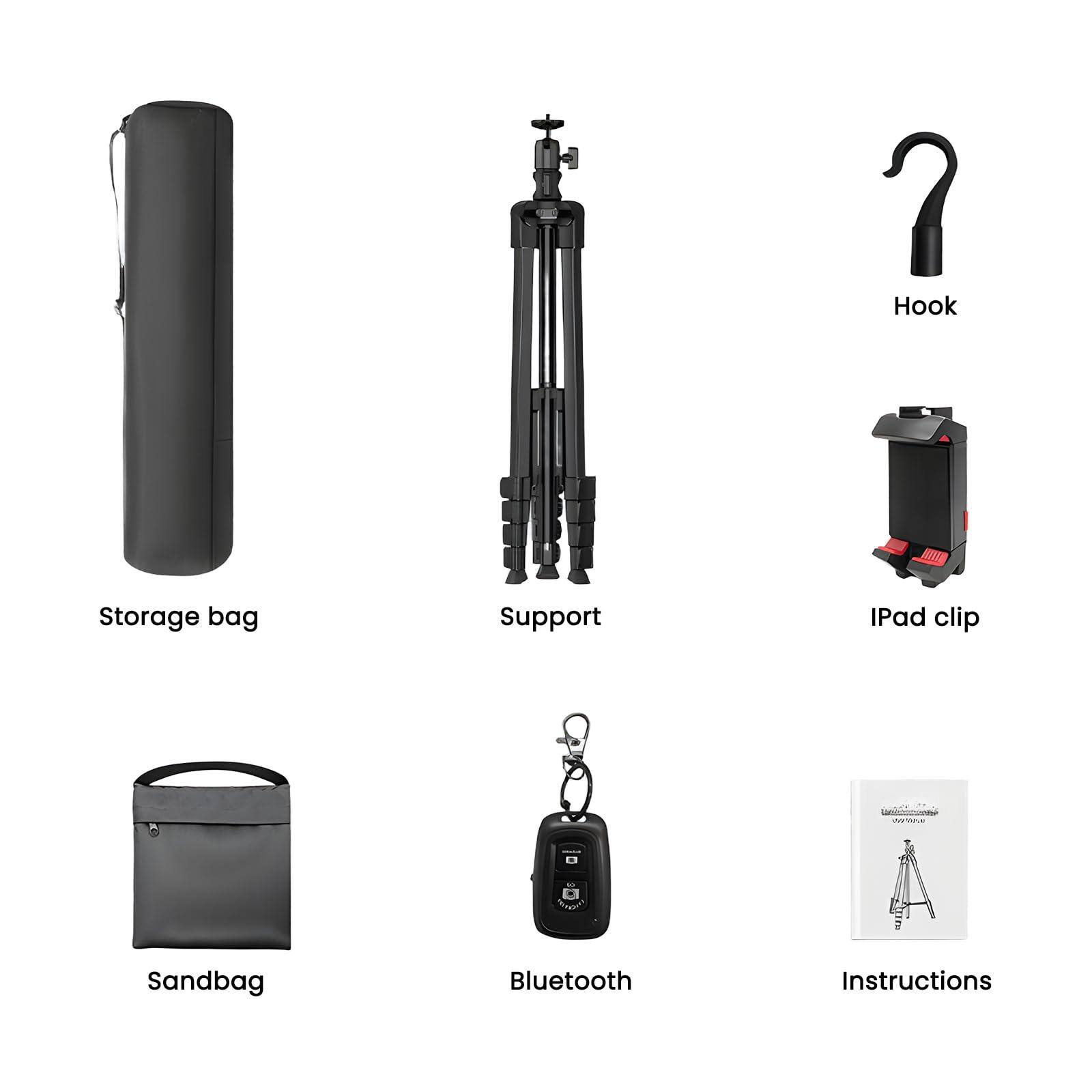 - Hook
- Storage bag
- Support
- Ipad clip
- Sandbag
- Bluetooth
- Instructions