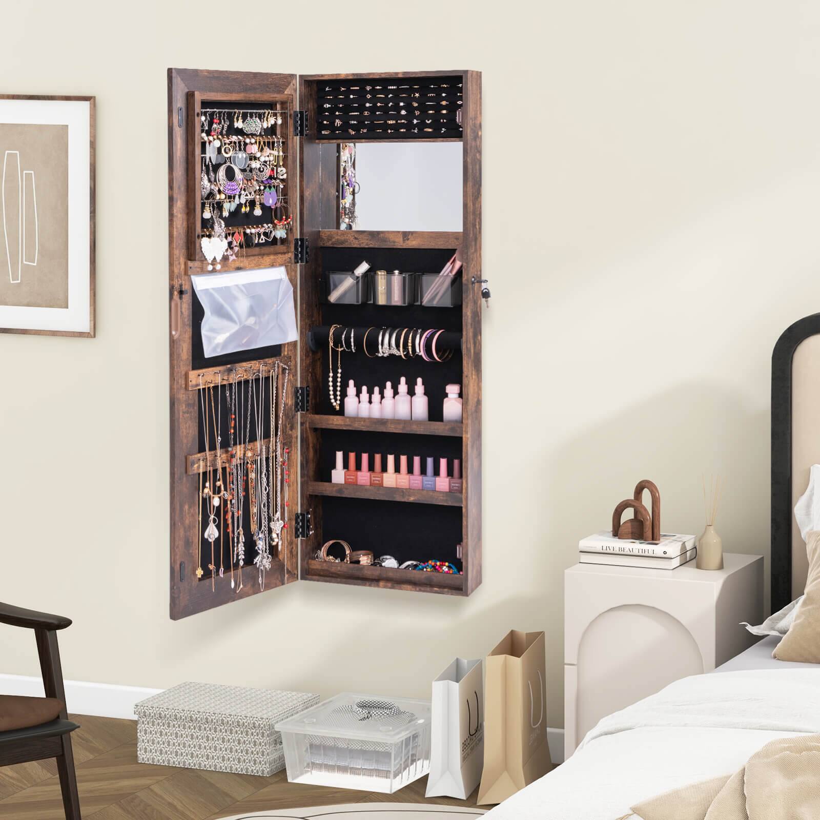 "Closet with shelves and drawers for jewelry and makeup."