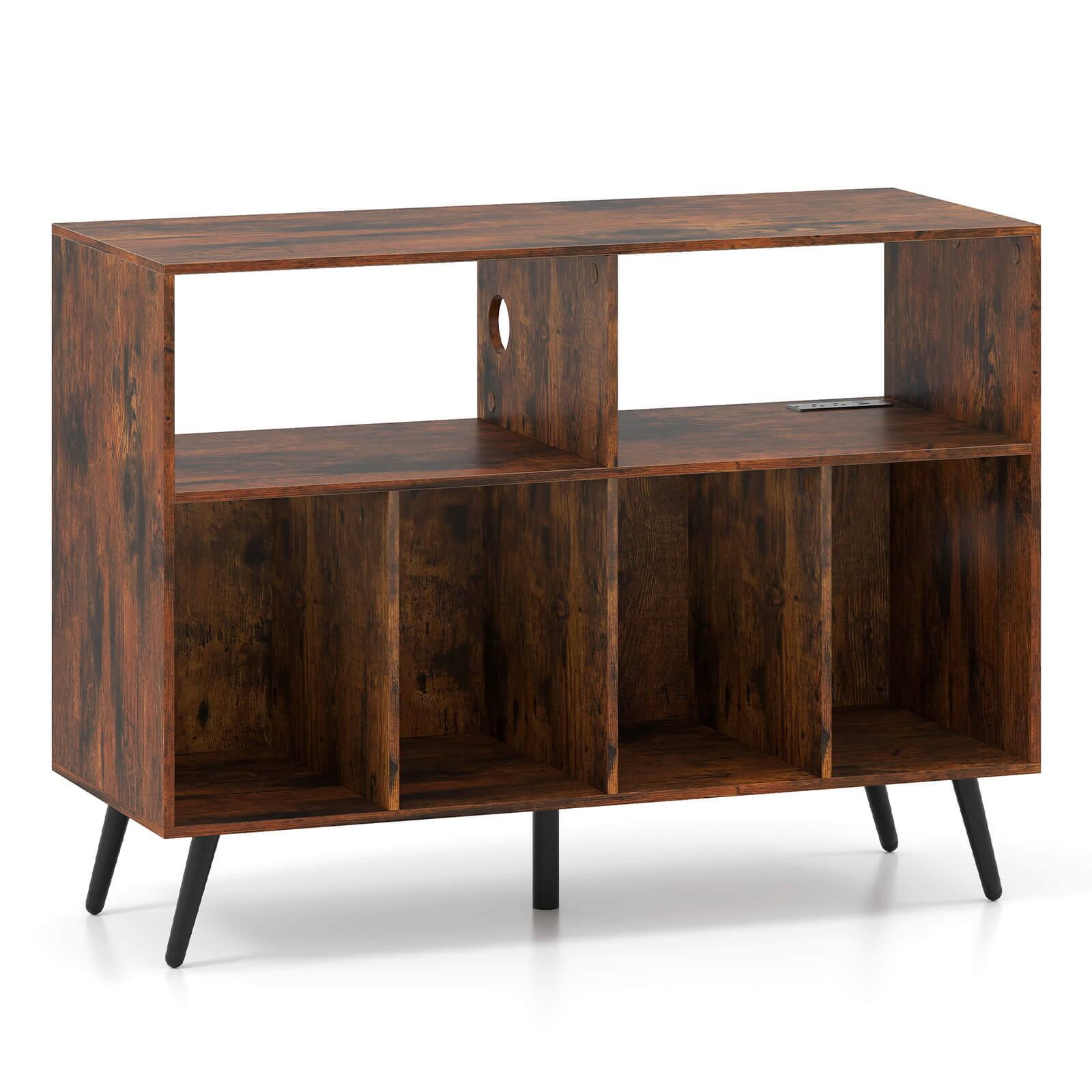 Costway - Record Player Stand with Charging Station Open Shelves & Compartments Raised Legs - Rustic Brown