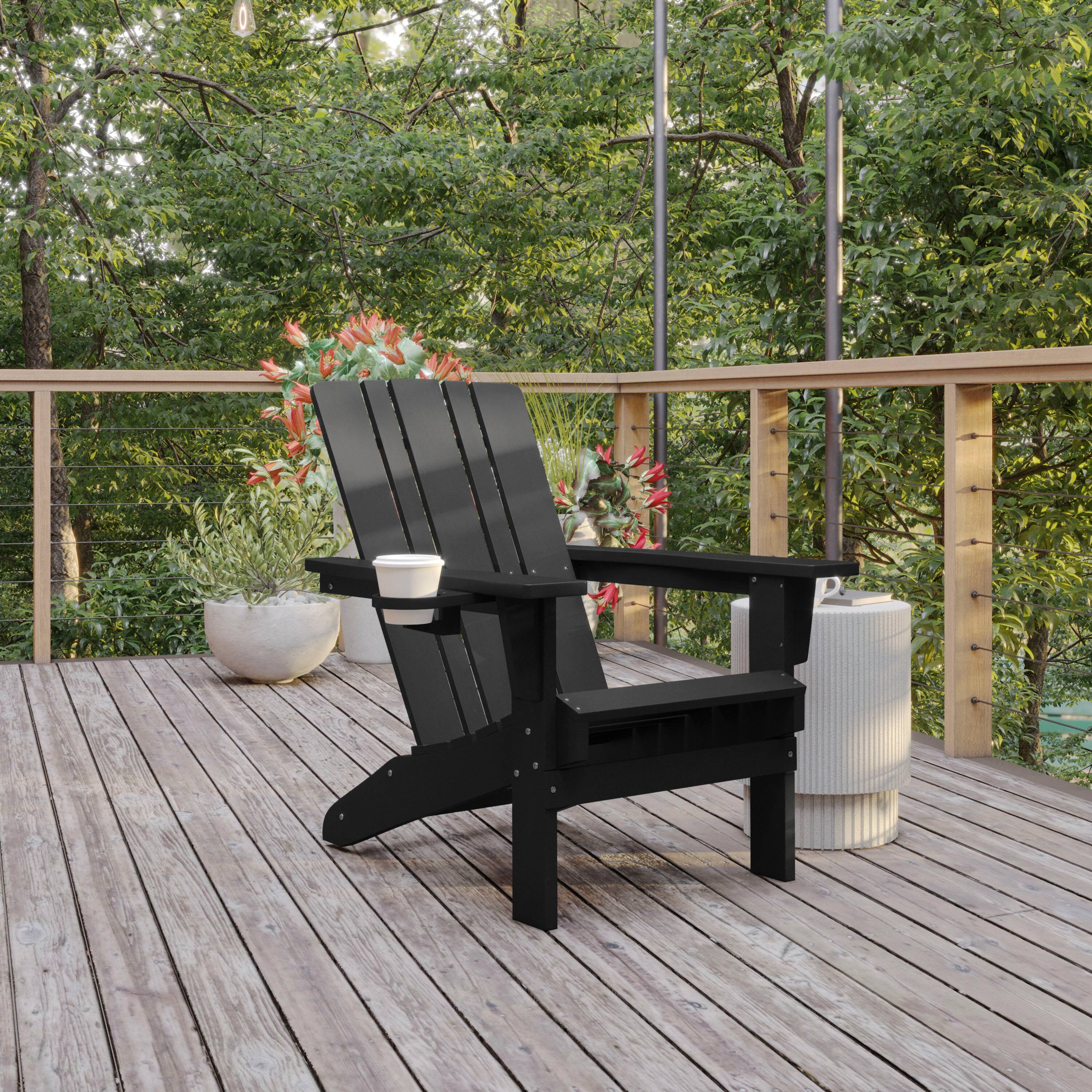 Alt View 1. Flash Furniture - Halifax Adirondack Chair with Cup Holder, Weather Resistant HDPE Adirondack Chair in Black - Black.