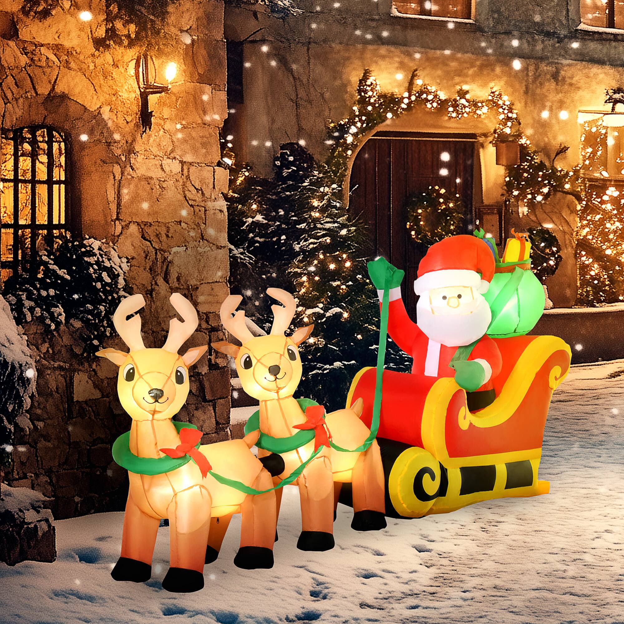 Alt View 7. Homcom - 8ft Long Christmas Inflatable Santa Claus with Sleigh and Reindeer, Outdoor Blow-Up Yard Decoration with LED Light - Yellow.