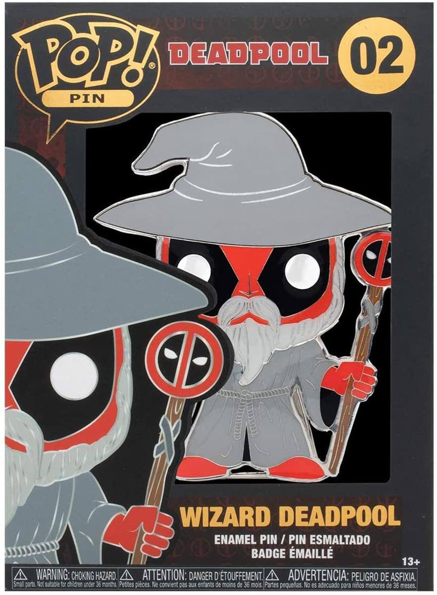 Sure, here is the corrected and grouped text from the image:

---

**POP! PIN**

**DEADPOOL 02**

**WIZARD DEADPOOL**

**ENAMEL PIN / PIN ESMALTADO / BADGE ÉMAILLE**

**WARNING: CHOKING HAZARD. ATTENTION: DANGER D'ÉTOUFFEMENT. ADVERTENCIA: PELIGRO DE ASFIXIA.**

**Small parts. Not suitable for children under 36 months. Petites pièces. Ne convient pas aux enfants de moins de 36 mois. Partes pequeñas. No es adecuado para niños menores de 36 meses.**

**13+**

---