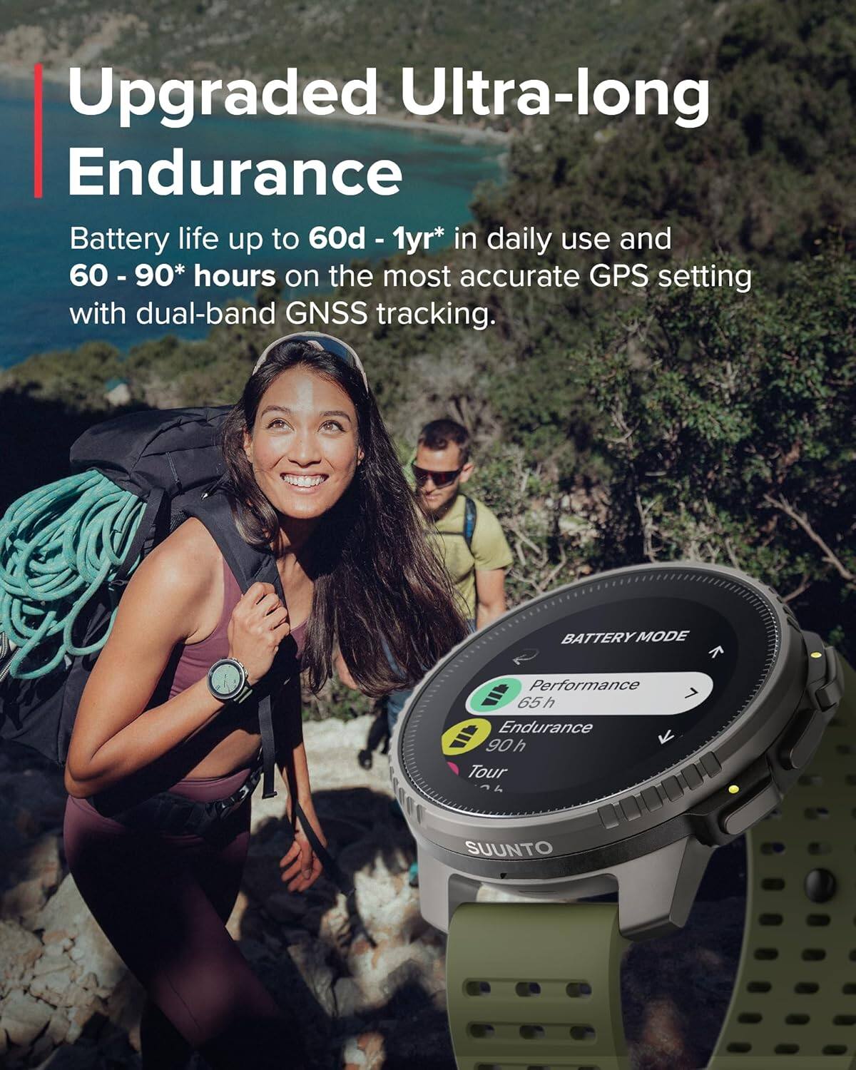 Upgraded Ultra-long Endurance

Battery life up to 60d - 1yr* in daily use and 60 - 90* hours on the most accurate GPS setting with dual-band GNSS tracking.

BATTERY MODE
Performance 65h
Endurance 90 h
Tour 4 SeasE

SUUNTO