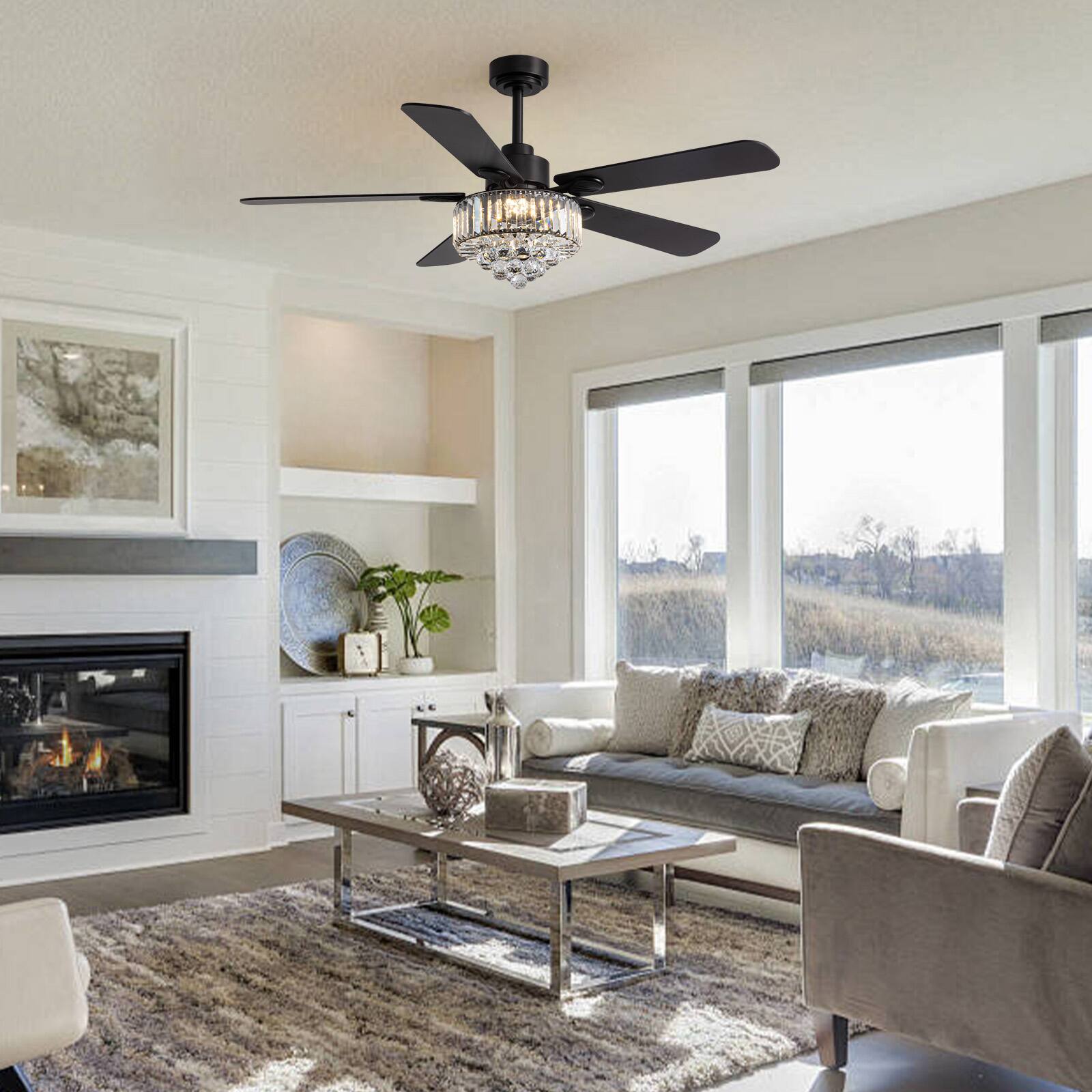 Left. Siljoy - 52 Inch Crystal Chandelier Ceiling Fan with Lights Remote Elegant Design 5 Blades Included for Bedroom Living Room - Black.