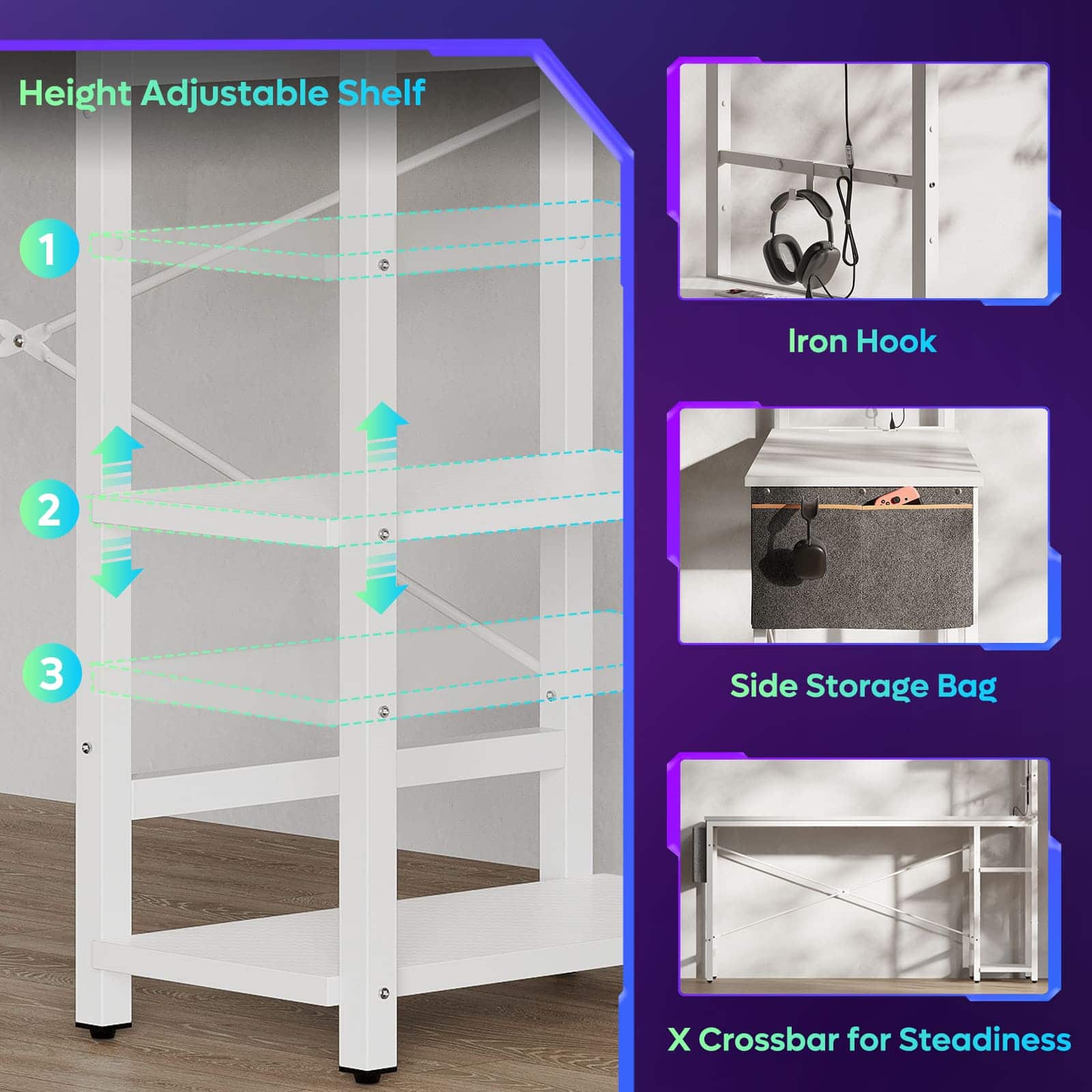 The text on the image is grouped and corrected as follows:
Height Adjustable Shelf: A white shelf with adjustable height, allowing for easy customization.
Iron Hook: A hook attached to the shelf for hanging items, such as a coat or a bag.
Side Storage Bag: A storage bag on the side of the shelf for additional storage space.
X Crossbar for Steadiness: A crossbar on the shelf to provide extra stability and prevent it from tipping over.
