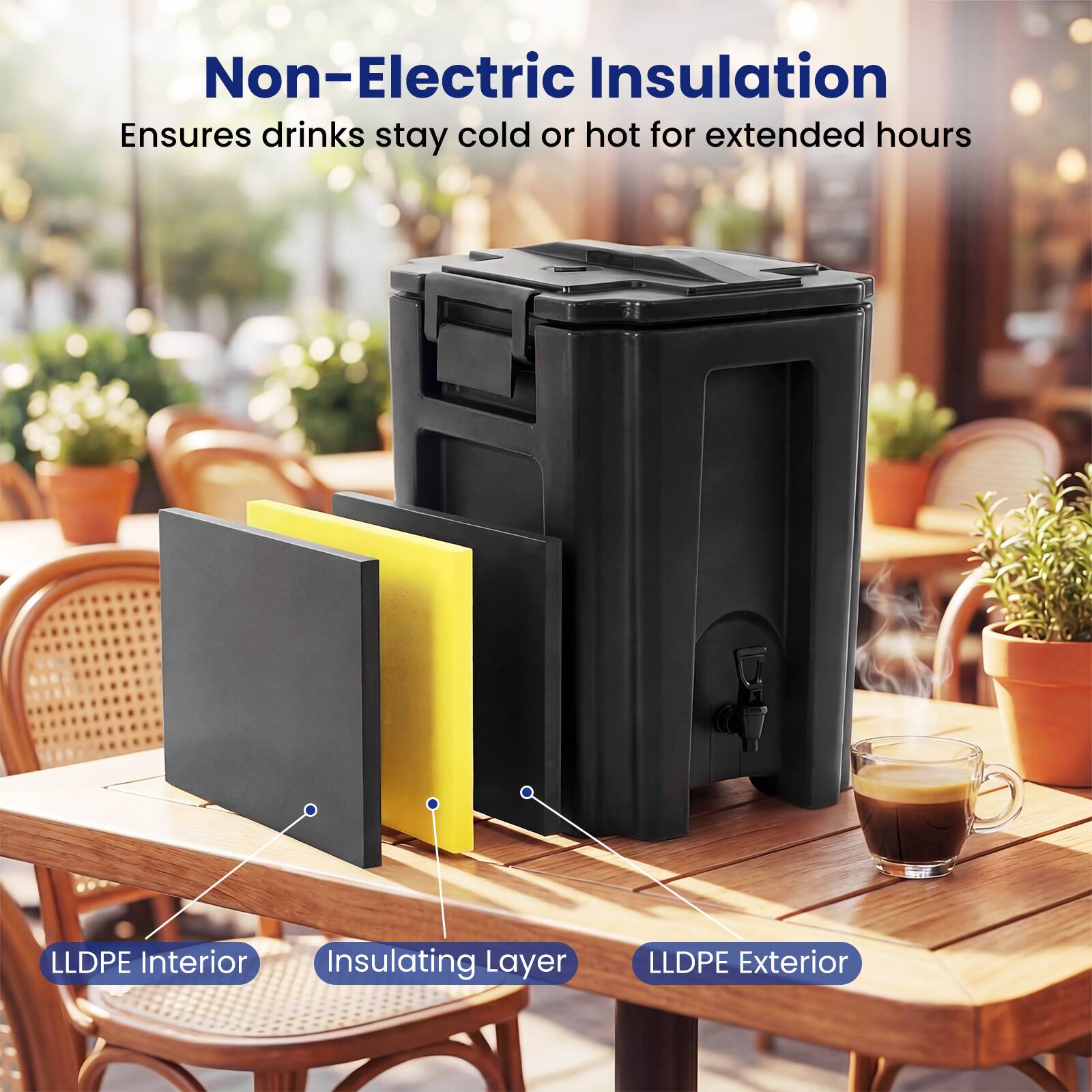 Non-Electric Insulation  
Ensures drinks stay cold or hot for extended hours  

LLDPE Interior  
Insulating Layer  
LLDPE Exterior
