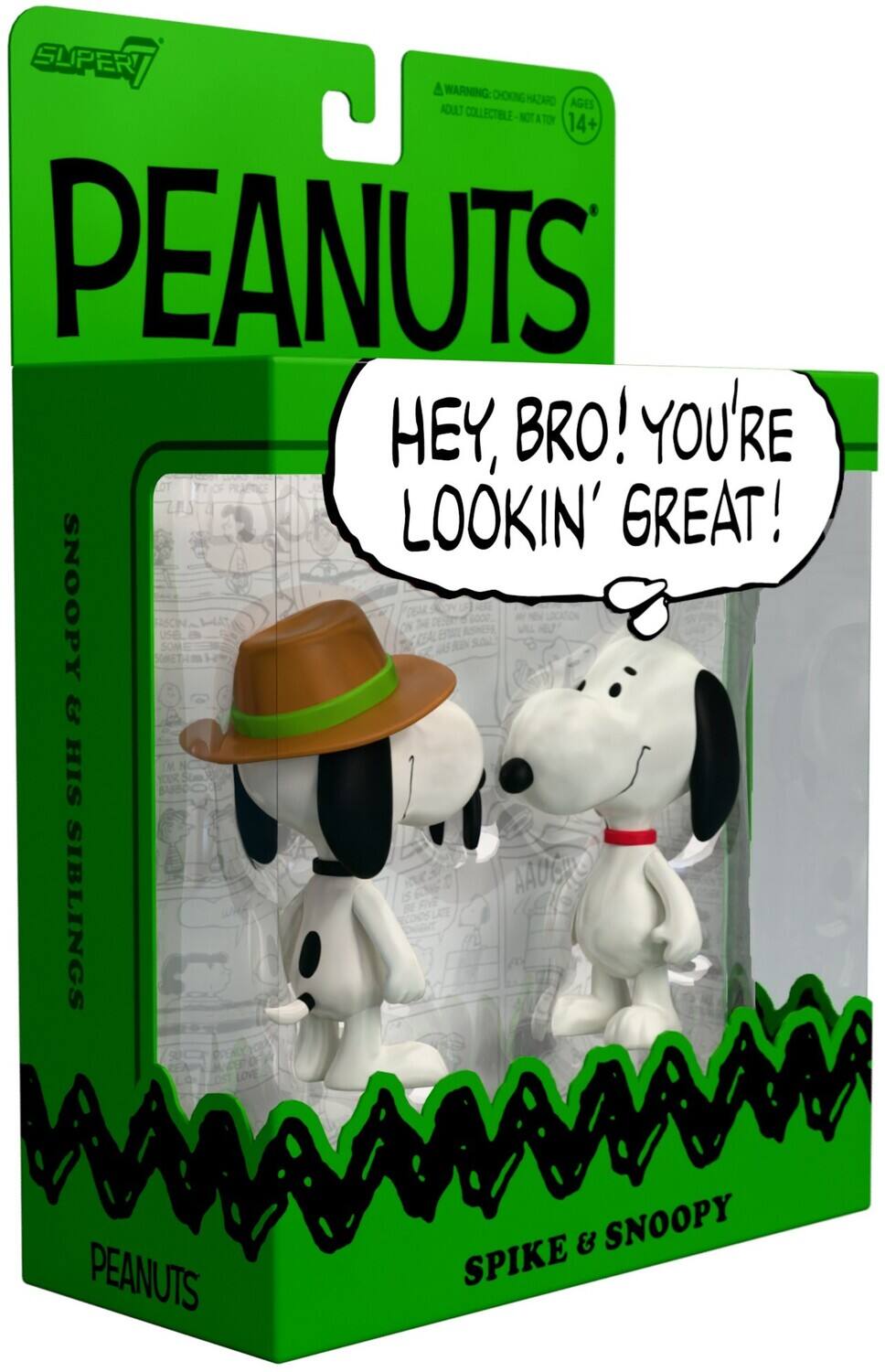 SUPER A WARNING D:O0 NUVO AGES FOWLT COLLECTOLE M A 1o 14+ PEANUTS HEY, BRO! YOU'RE LOOKIN' GREAT! SNOOPY SOME &s HIS AAUCH SIBLINGS LOVE AMAMAAAAM PEANUTS SPIKE & SNOOPY