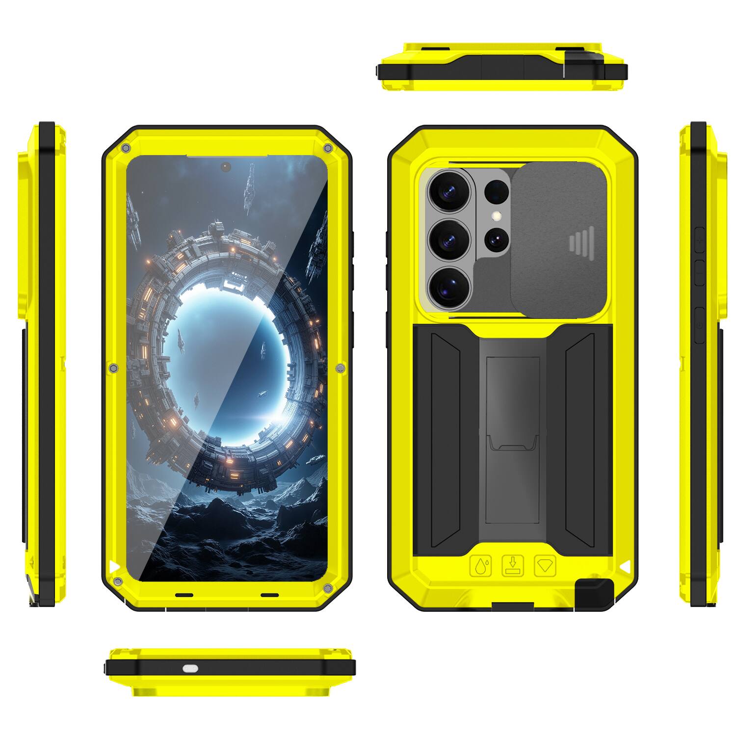 Angle. Dteck - For Samsung Galaxy S26 Ultra Kickstand Shockproof Rugged Full Body Case Built-in Screen Protector+Sliding Lens Cover - Yellow.