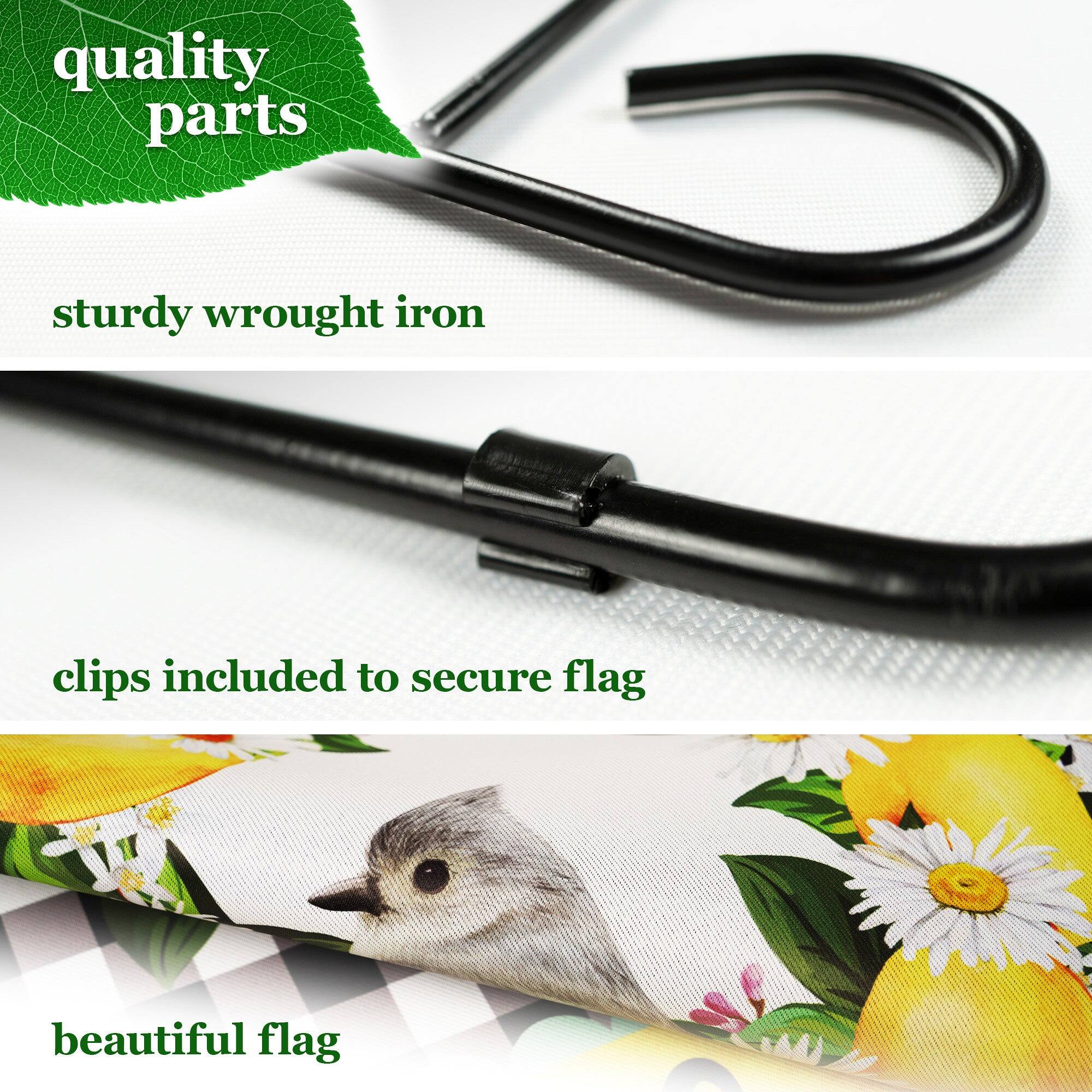 quality parts  
sturdy wrought iron  
clips included to secure flag  
beautiful flag