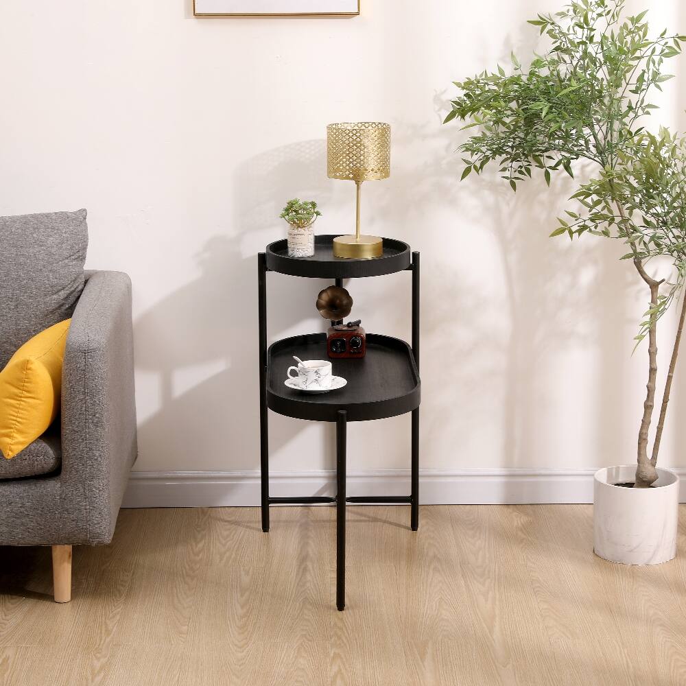 Angle. Loheer - Loheer 2-Tier Black Side Table with Storage Metal Frame Wooden Desk End Table for Living Room - Black.