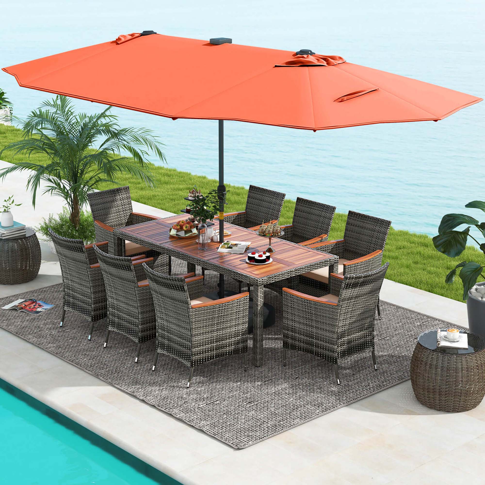 Alt View 4. Costway - 11 PCS Patio Dining Set with 15 ft Double-Sided Patio Umbrella 8 Armchairs - Mix Gray,Beige,Orange.
