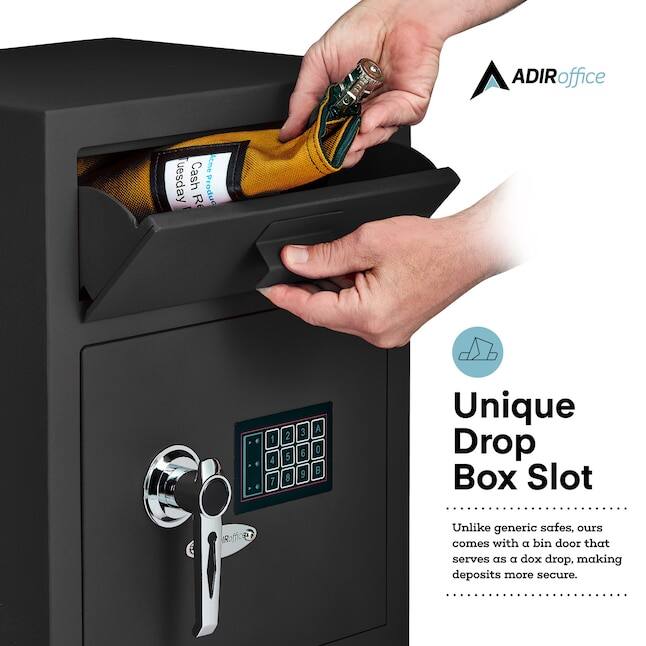 ADIRoffice Unique Drop Box Slot Unlike generic safes, ours comes with a bin door that serves as a dox drop, making deposits more secure. ADIRoffice uesday Cash Produc - R d 1 4 7 2 5 8 3 6 9 A 0 B