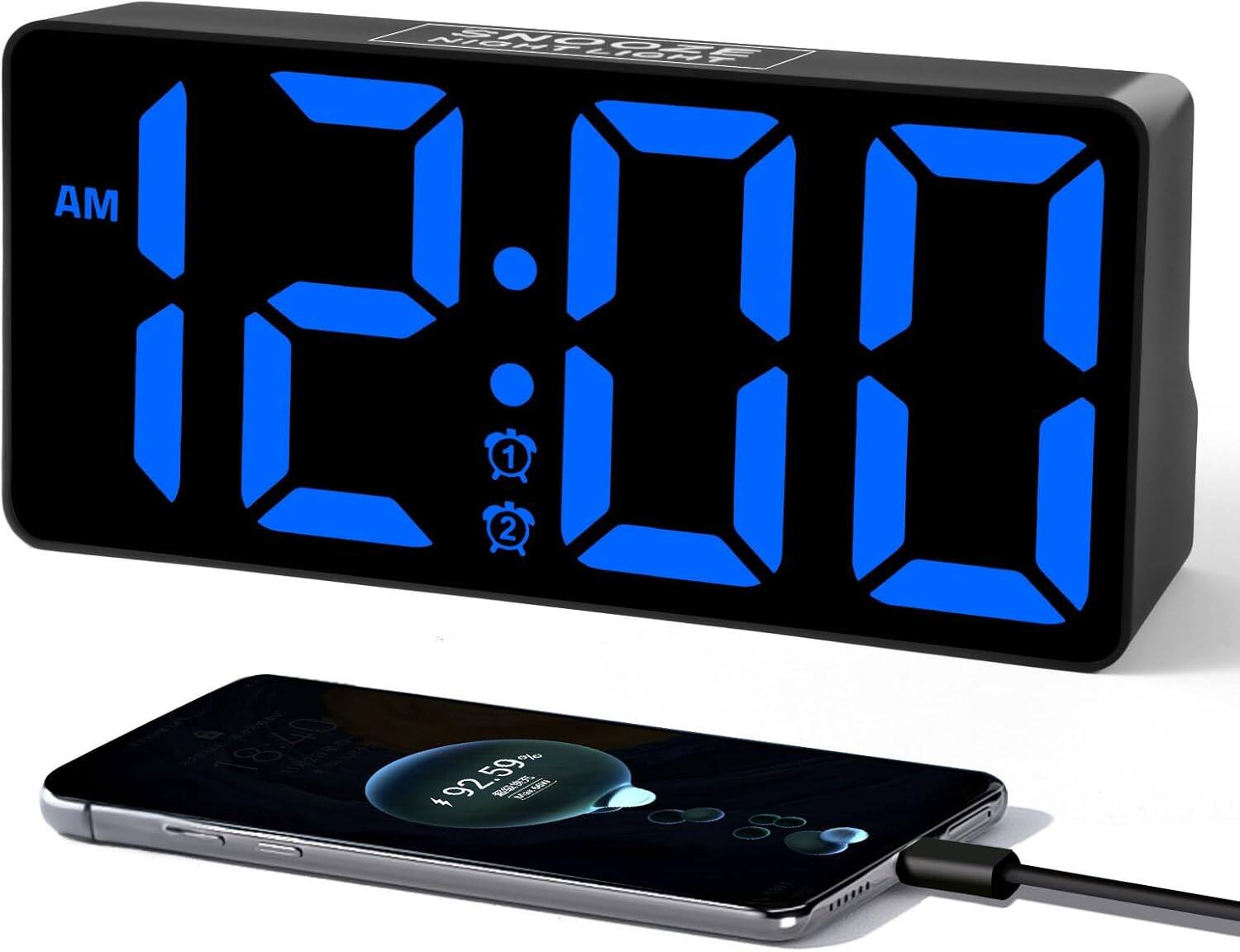 Stamp n Camp - PPLEE Alarm Clock for Bedroom with Night Light & Bold Digits-7 in Digital Dual Alarms USB Charger Ports,Battery Loud - Blue Digit-black Case