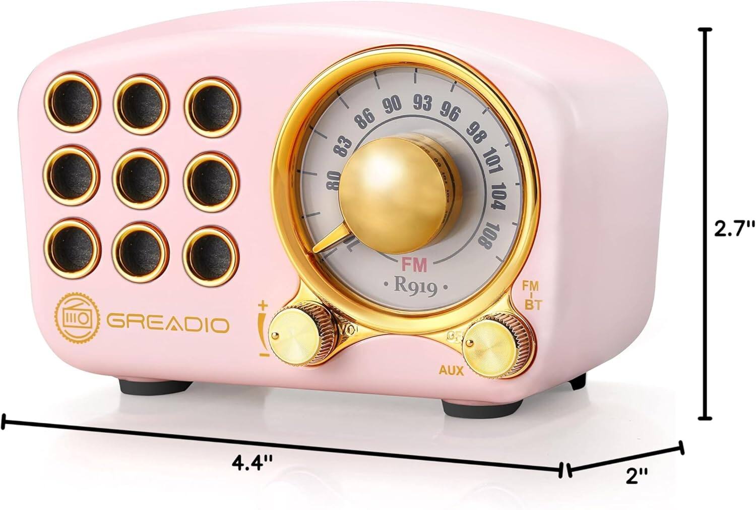 GREADIO  
FM R919  
AUX  
BT  
2.7"  
4.4"  
2"