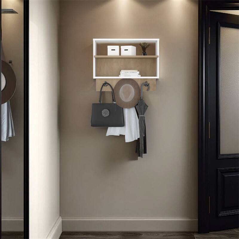 Angle. ALEXOUN - Wall-Mounted Coat Rack - Floating Shelf with Hooks, Space-Saving Design for Coats, Hats, and Bags, Wood Finish - Multicolor.