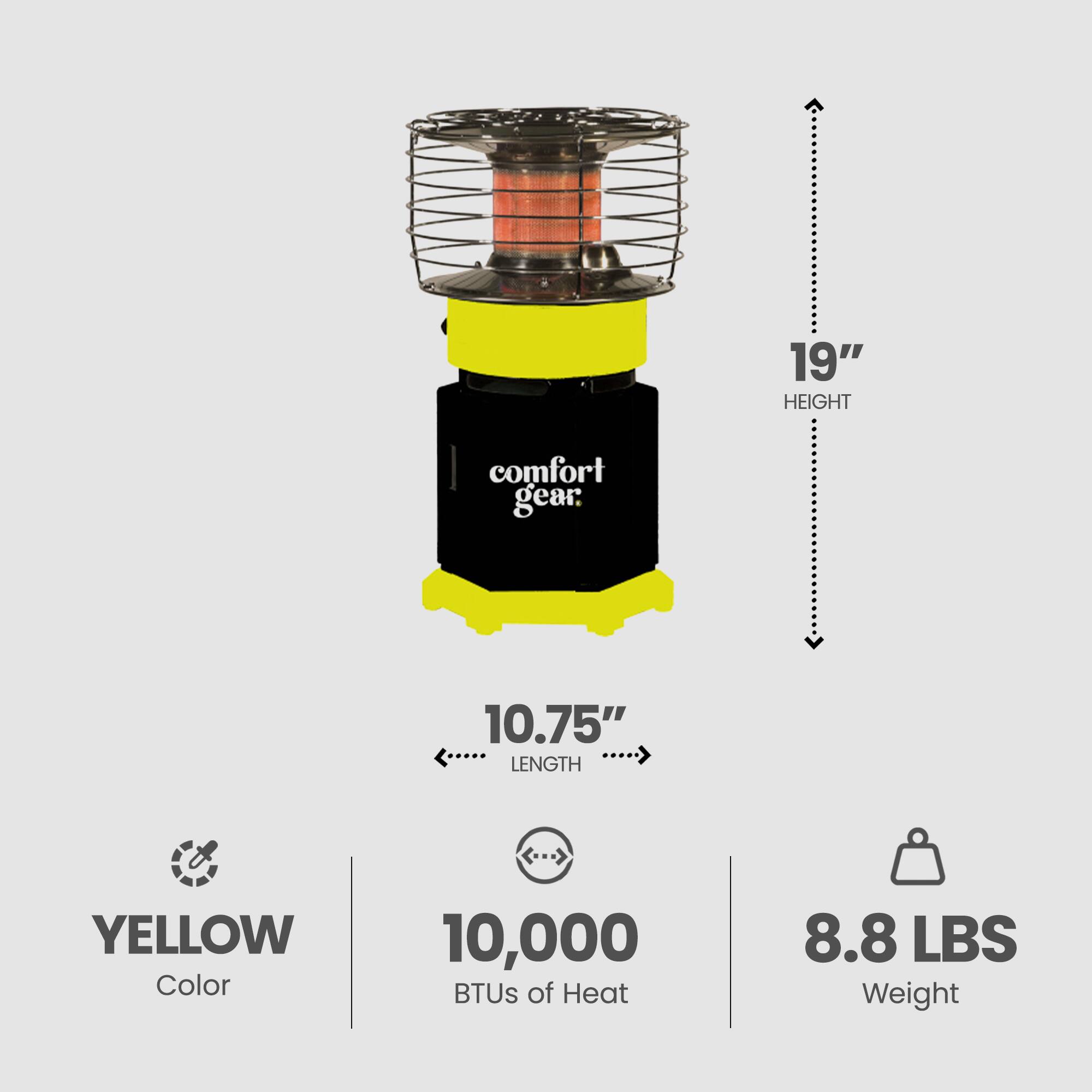 - **Height:** 19"
- **Length:** 10.75"
- **Color:** YELLOW
- **BTUs of Heat:** 10,000
- **Weight:** 8.8 LBS