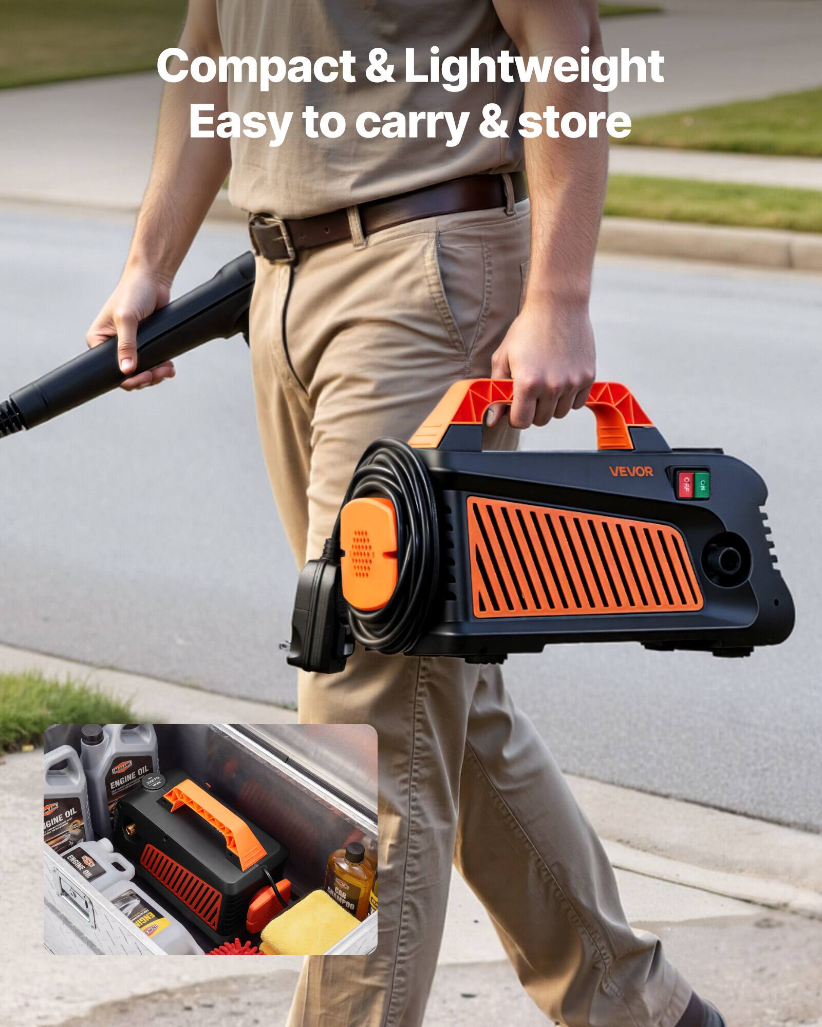 Compact & Lightweight  
Easy to carry & store  

VEVOR  

Protos OIL ENGINE MEXIC OIL WANNAN GINE EROINE I no ENGIR !  
i HAMPOO CAN
