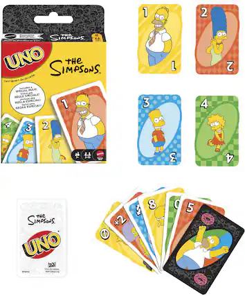 **UNO The Simpsons**
Card Game / Jeu de cartes
Includes a SPECIAL RULE!
Inclut une RÈGLE SPECIALE!
Incluye una REGLA ESPECIAL!
Inclui una REGLA ESPECIAL!
1 2 3 4
7+ 2-10
© Mattel
© & ™ 2005 Television MATF & GRODIN/WEIG
120 Cards
