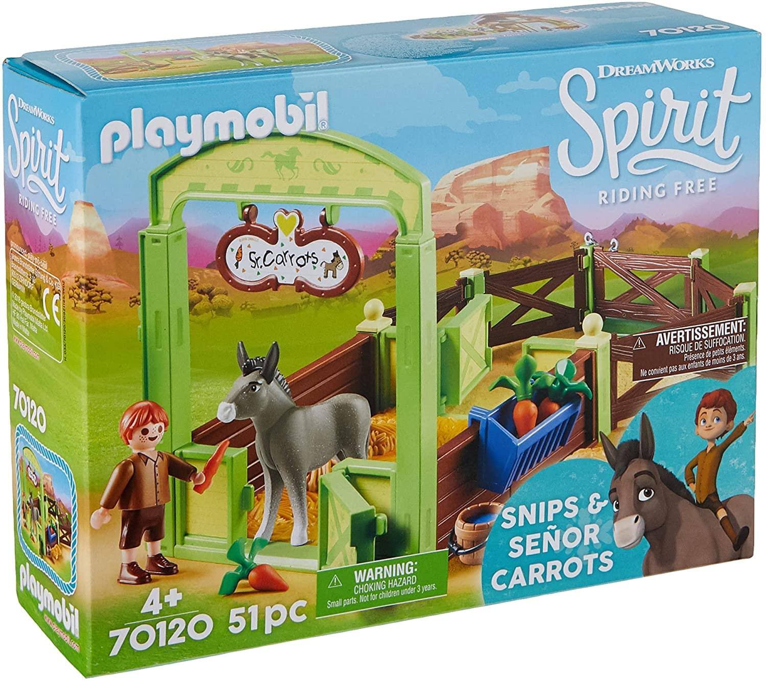 **DreamWorks Spirit Riding Free**

**Playmobil**

**70120**

**Snips & Senor Carrots**

**4+**

**51pc**

**Warning: Choking Hazard - Small parts. Not for children under 3 years.**

**Avertissement: Risque de suffocation - Présence de petits débris. Ne convient pas aux enfants de moins de 3 ans.**

**St. Carrots**