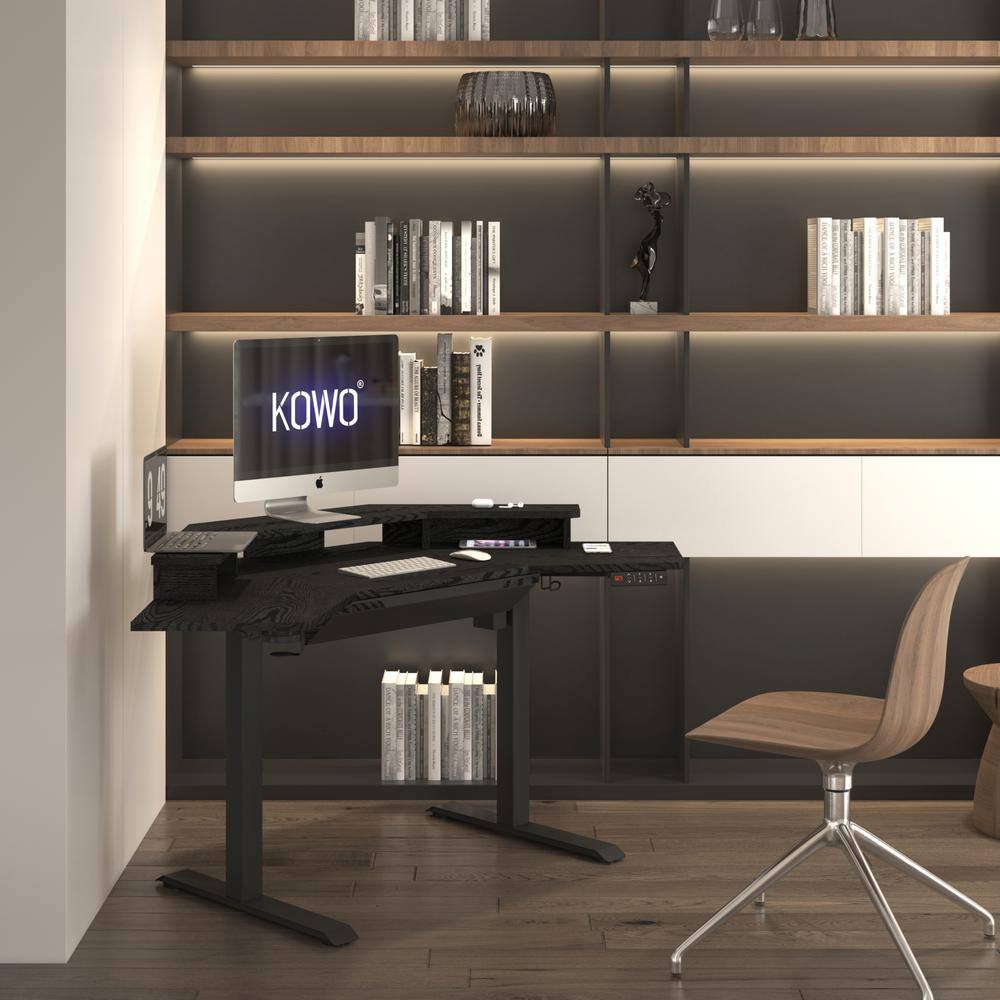 Back. KOWO - Corner Electric Height Adjustable Standing Desk With Hutch And Drawer - Black.