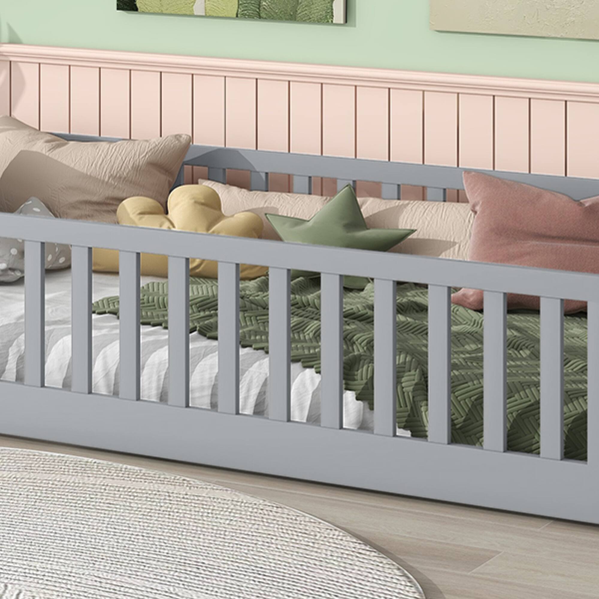 Alt View 5. GOODSILO - Twin Size Low-Profile Youth Bed with Secure Enclosure Frame, Solid Wood Construction, Neutral Finish - Grey.