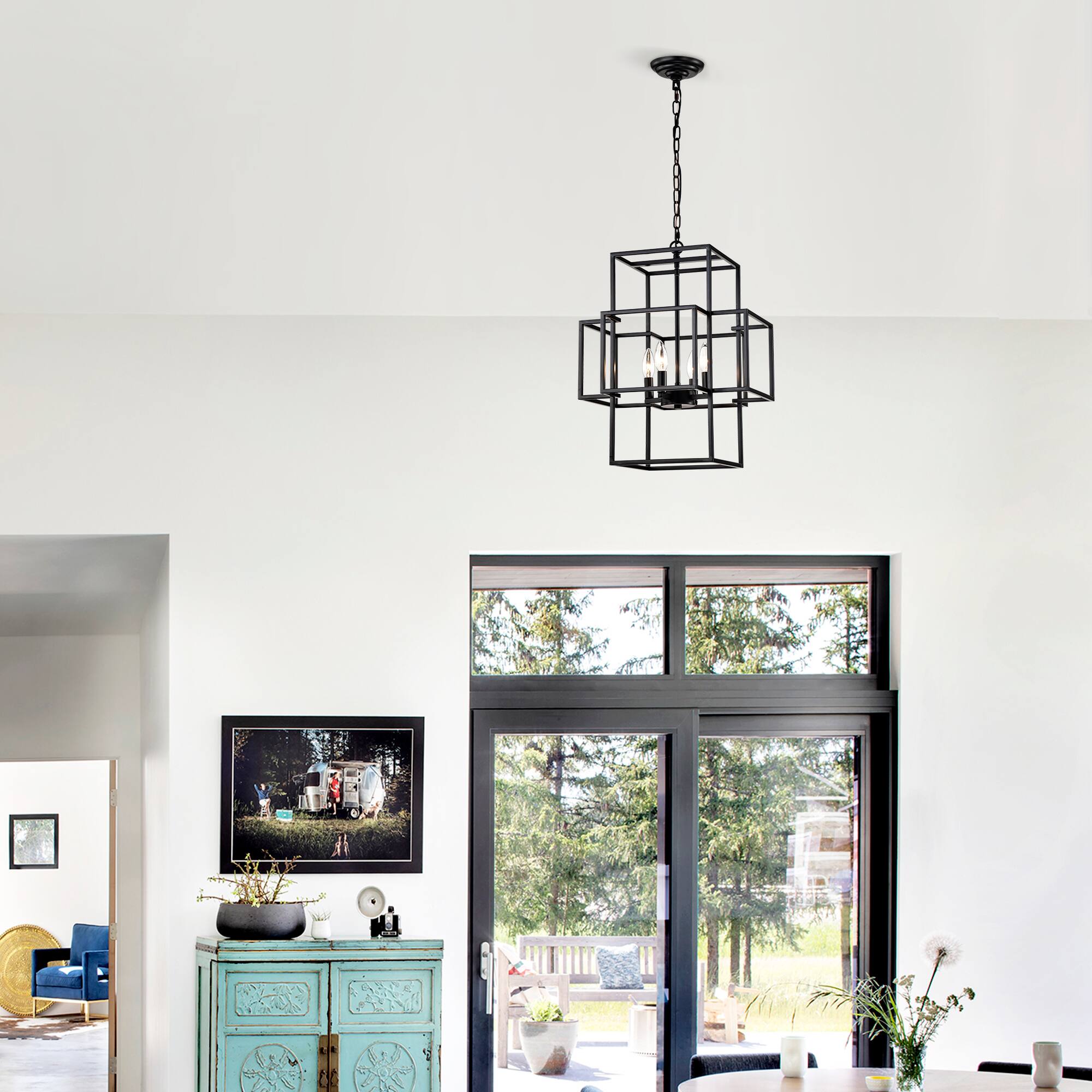 Back. APRILSOUL - 4-Light Metal Lantern Tiered Pendant Hanging Light Fixtures Farmhouse Adjustable Height E12 Bulbs Not Included.