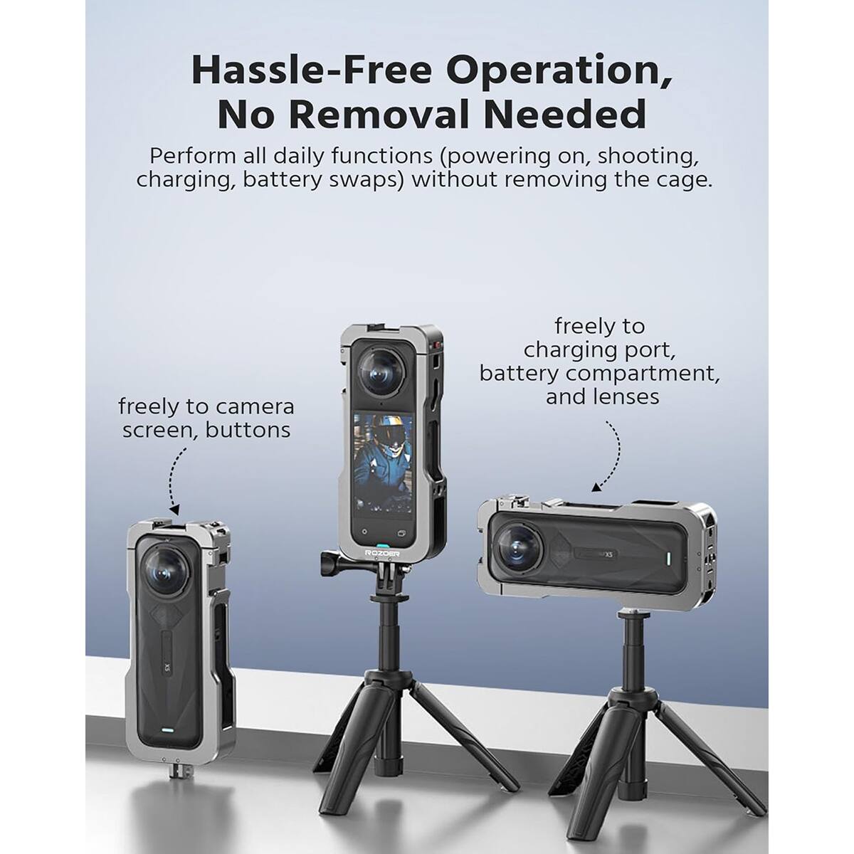Hassle-Free Operation, No Removal Needed

Perform all daily functions (powering on, shooting, charging, battery swaps) without removing the cage.

freely to camera screen, buttons

freely to charging port, battery compartment, and lenses