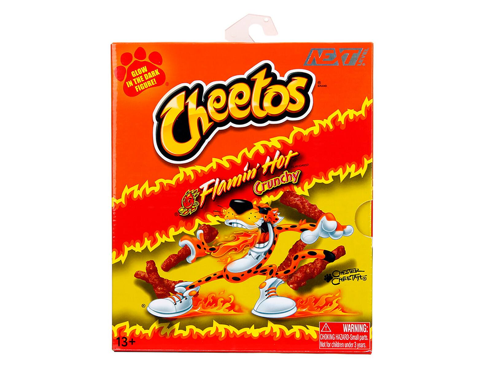 NEXT LEVEL  
GLOW IN THE DARK FIGURE!  
Cheetos Hot Flamin' Crunchy  
CHESTER CHEETARS  
13+  
WARNING: CHOKING HAZARD - Small parts. Not for children under 3 years.
