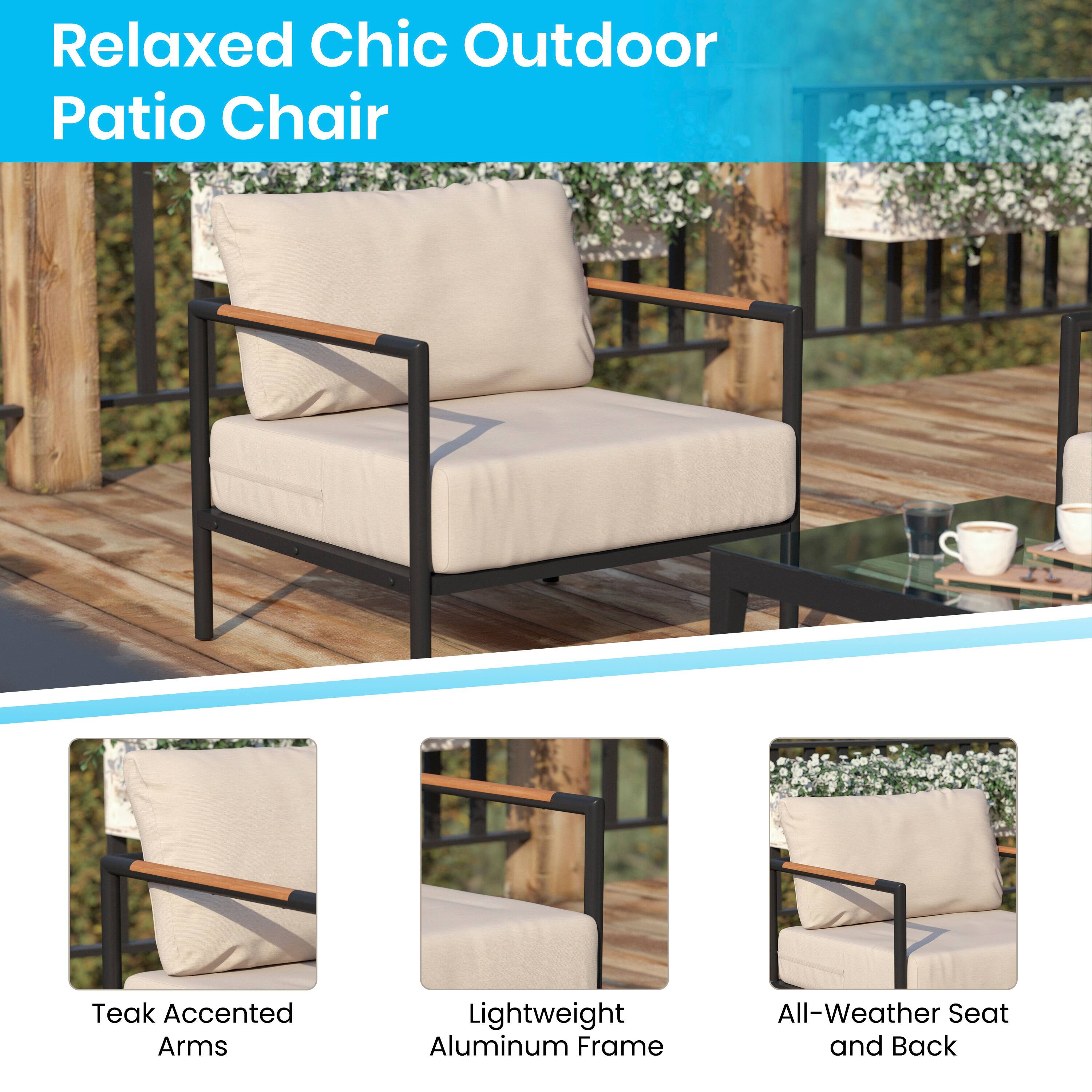 Relaxed Chic Outdoor Patio Chair

- Teak Accented Arms
- Lightweight Aluminum Frame
- All-Weather Seat and Back