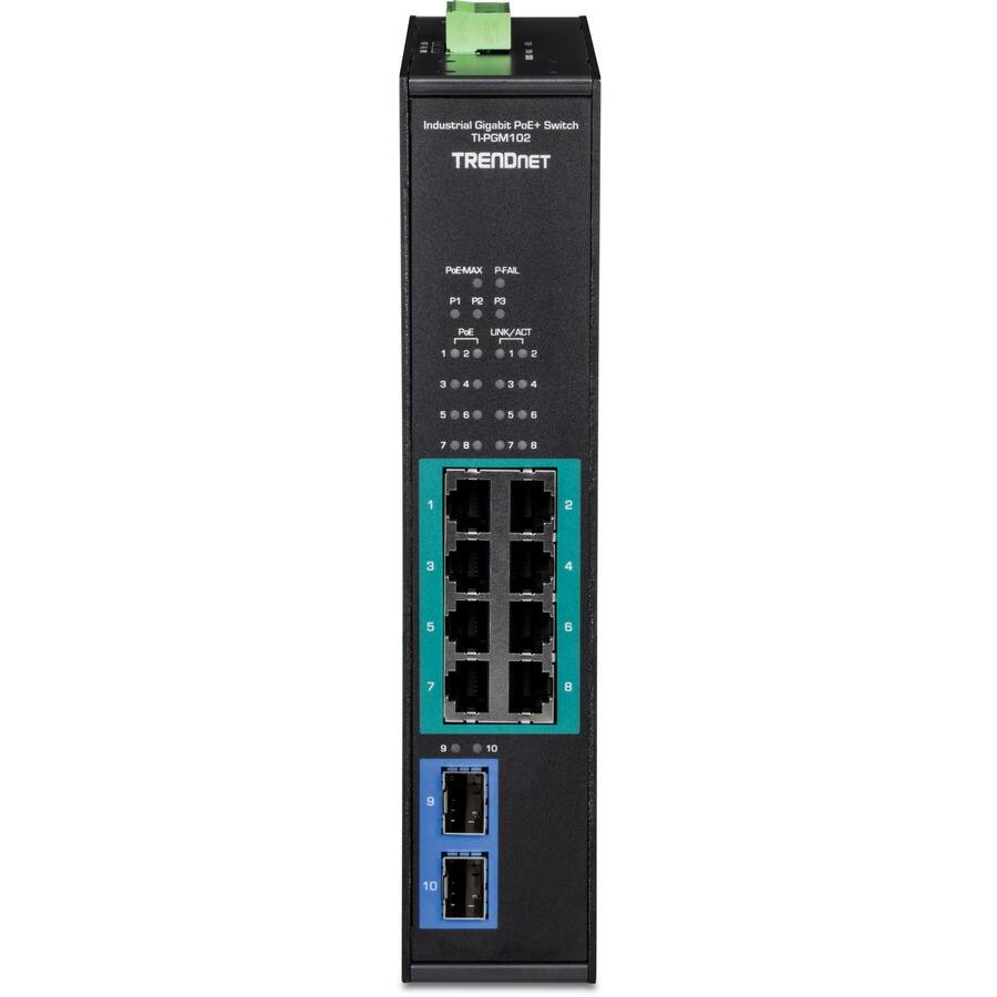 Industrial Gigabit PoE+ Switch  
TRENDNET  
T1-PGM102  

POE+ FAIL  
T1-PGM102  

POE+  
P1 P2  
P3 P4  
P5 P6  
P7 P8  

LINK/ACT  
1 2  
3 4  
5 6  
7 8  

9 10