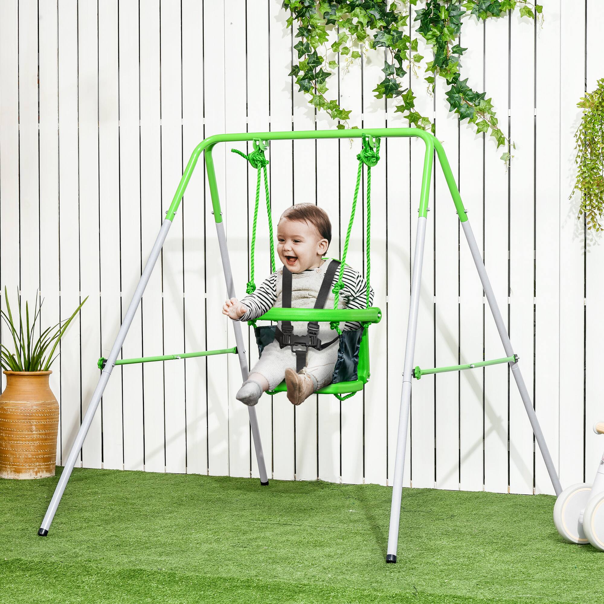 Angle. Outsunny - Toddler Swing Set with Metal Stand, Safety Seat Belt, Backyard Indoor & Outdoor Baby Swing Set.
