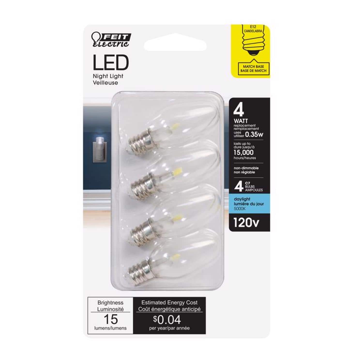 FEIT ELECTRIC - Feit C7 E12 (Candelabra) LED Bulb Daylight 4 Watt Equivalence 4 pk
