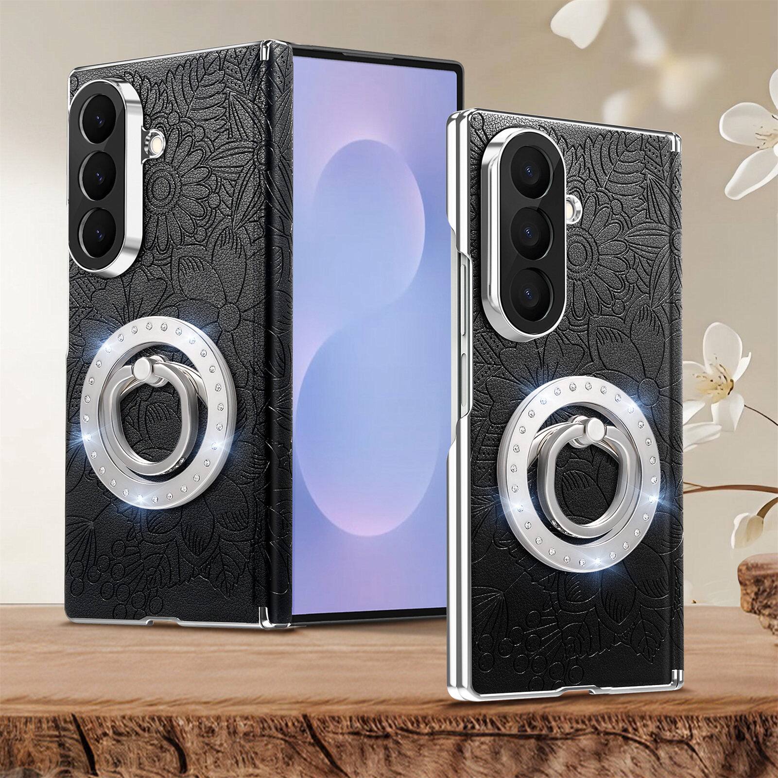 Alt View 2. Dteck - Shockproof Leather Texture Case for Samsung Galaxy Z Fold8 Ultra with Ring Stand, Magnetic Rigid Plastic Hinge Cover - Black.