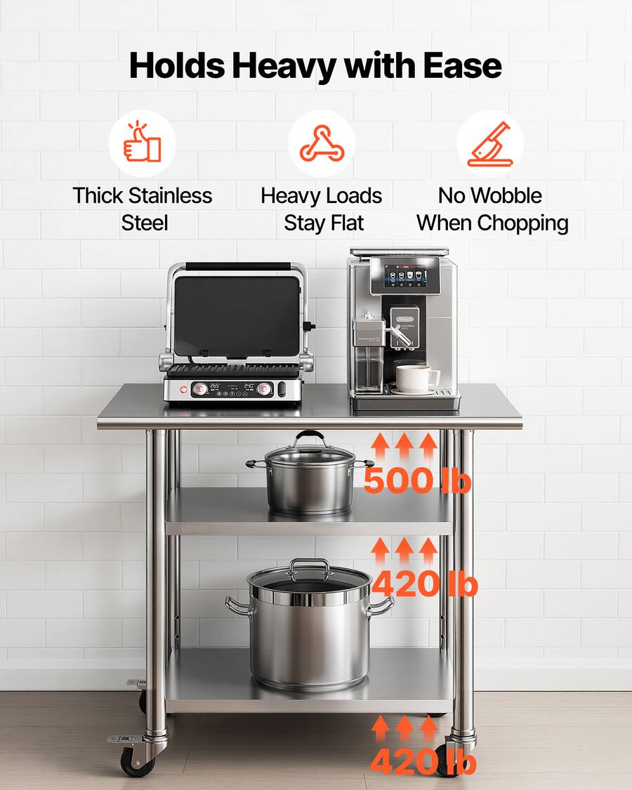 Wheel Load Distribution VEVOR Stainless Steel Work Table, 24x36 Inch Food Prep Table with 2 ...