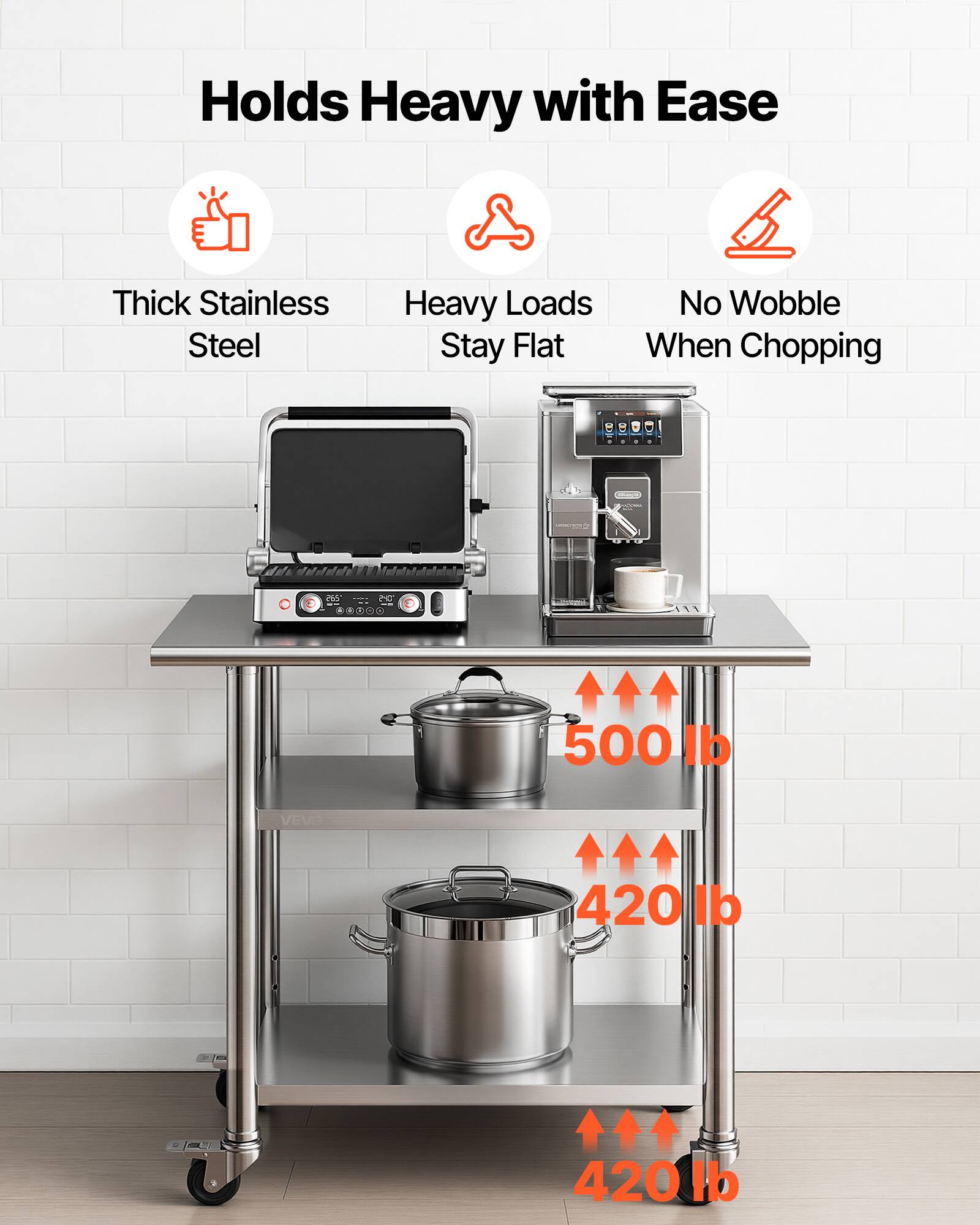 Holds Heavy with Ease  
Thick Stainless Steel  
Heavy Loads Stay Flat  
No Wobble When Chopping  

500 lb  
420 lb  
420 lb