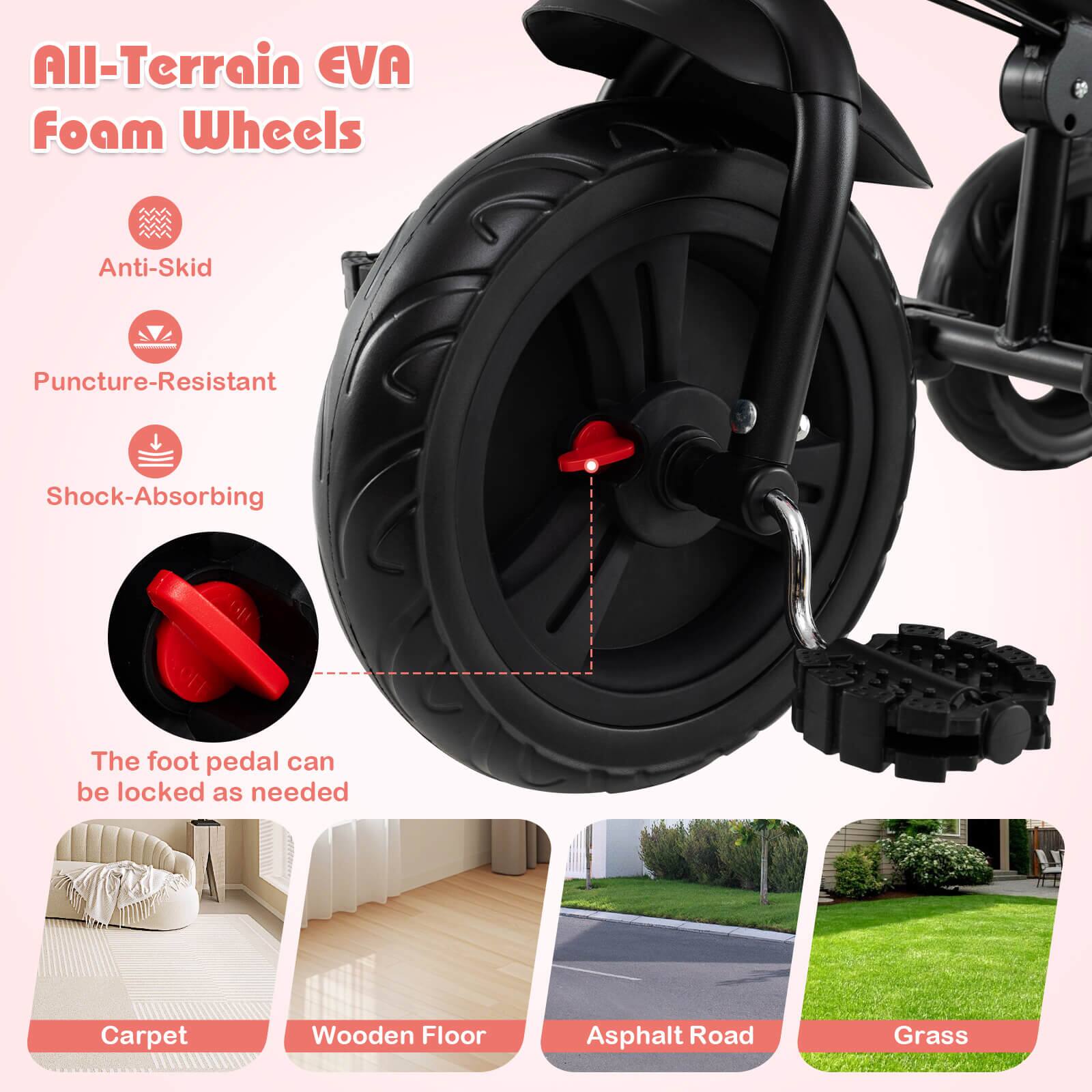 All-Terrain EVA Foam Wheels

- Anti-Skid
- Puncture-Resistant
- Shock-Absorbing

The foot pedal can be locked as needed

- Carpet
- Wooden Floor
- Asphalt Road
- Grass