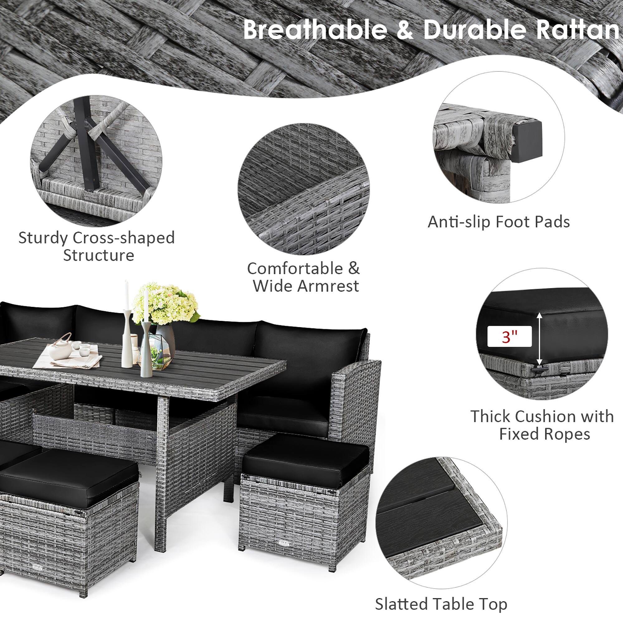 Breathable & Durable Rattan: Sturdy Cross-shaped Structure, Comfortable & Wide Armrest, Anti-slip Foot Pads, 3" Thick Cushion with Fixed Ropes, Slatted Table Top.