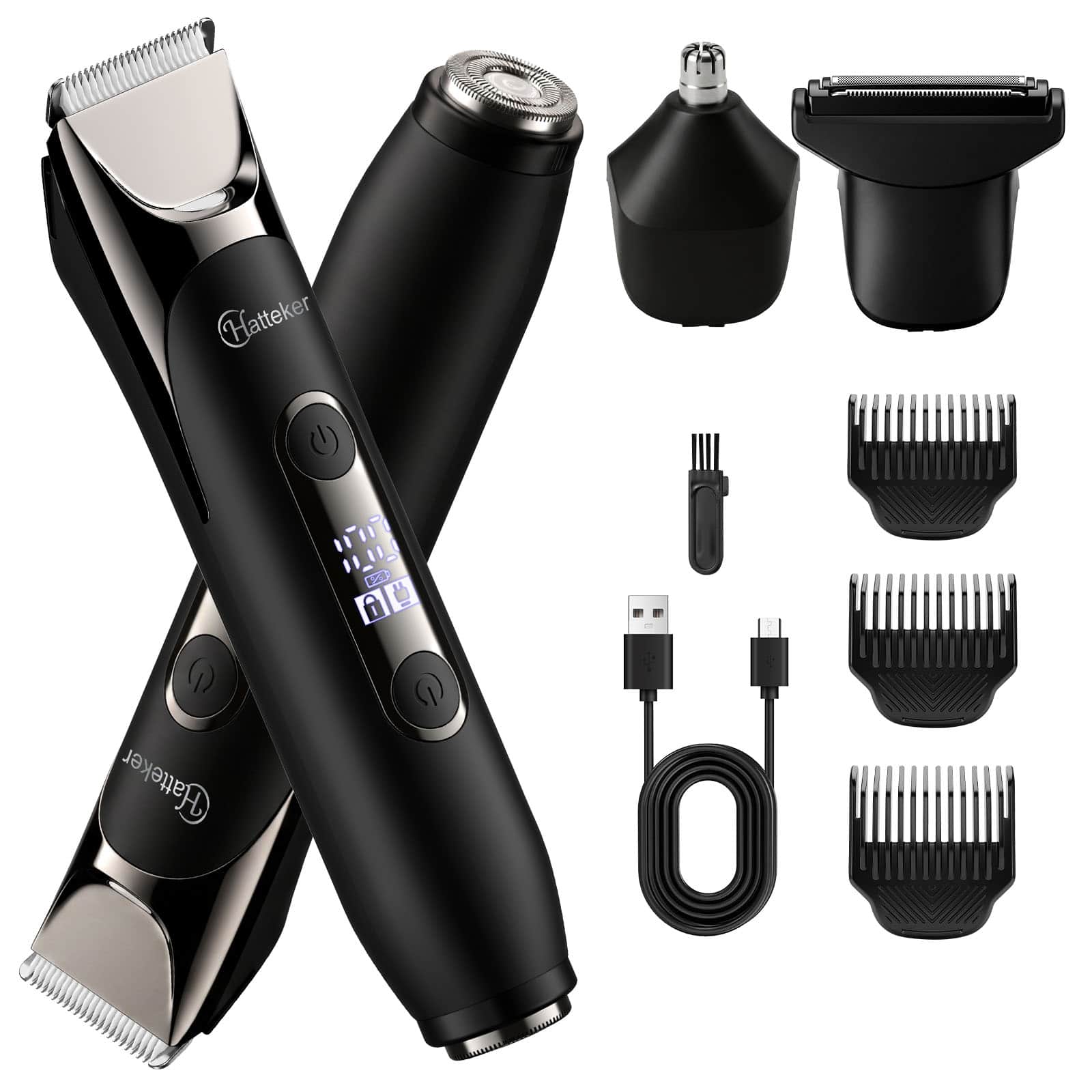 HATTEKER- 4-in-1 Men's Body Groomer, Dual-Head Trimmer & Shaver, IPX7 Waterproof, USB Rechargeable, LED Display