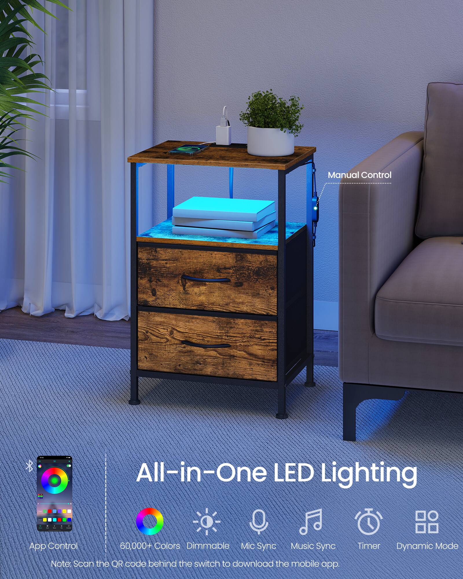 All-in-One LED Lighting

App Control
60,000+ Colors
Dimmable
Mic Sync
Music Sync
Timer
Dynamic Mode

Note: Scan the QR code behind the switch to download the mobile app.