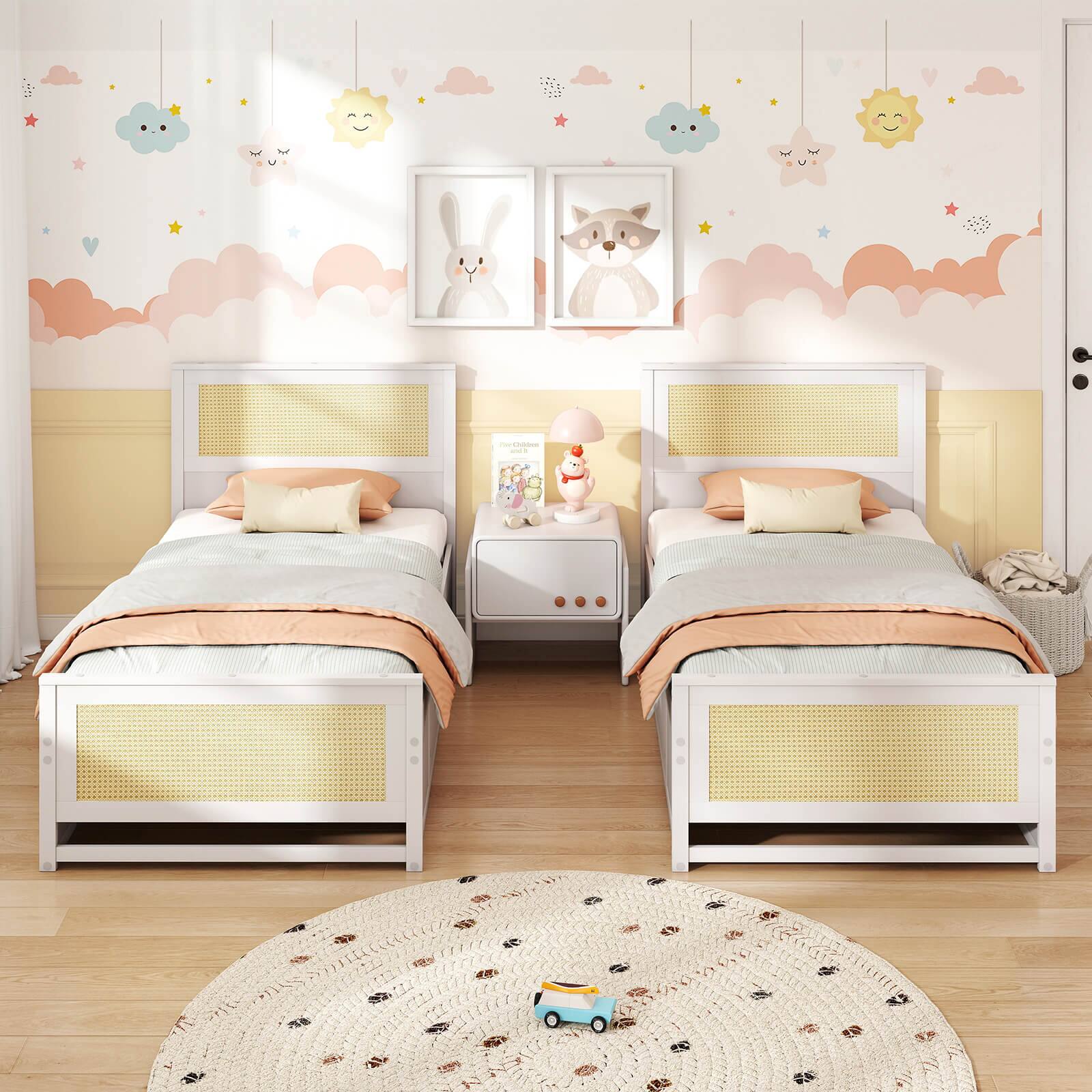 Alt View 5. Costway - Costway Twin Size Rattan Bed Frame with Headboard, 2 Storage Drawers & Space - White.
