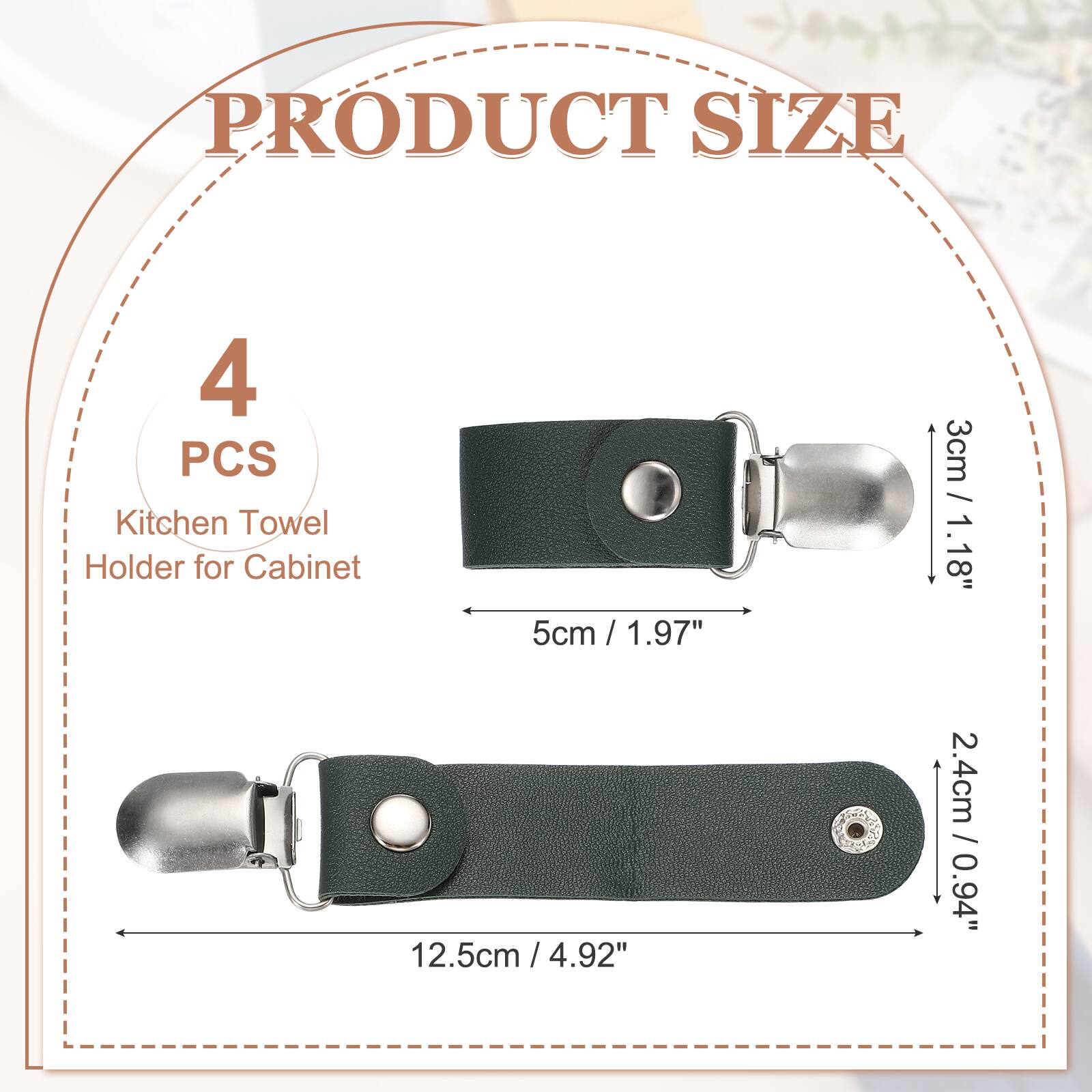 PRODUCT SIZE

4 PCS Kitchen Towel Holder for Cabinet

5cm / 1.97"  
3cm / 1.18"  
12.5cm / 4.92"  
2.4cm / 0.94"
