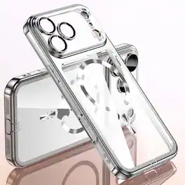 Dteck - Magnetic for iPhone 18 Pro Max Case Compatible with MagSafe, Slim Plating Frame Clear Cover Camera Lens Protector - Silver