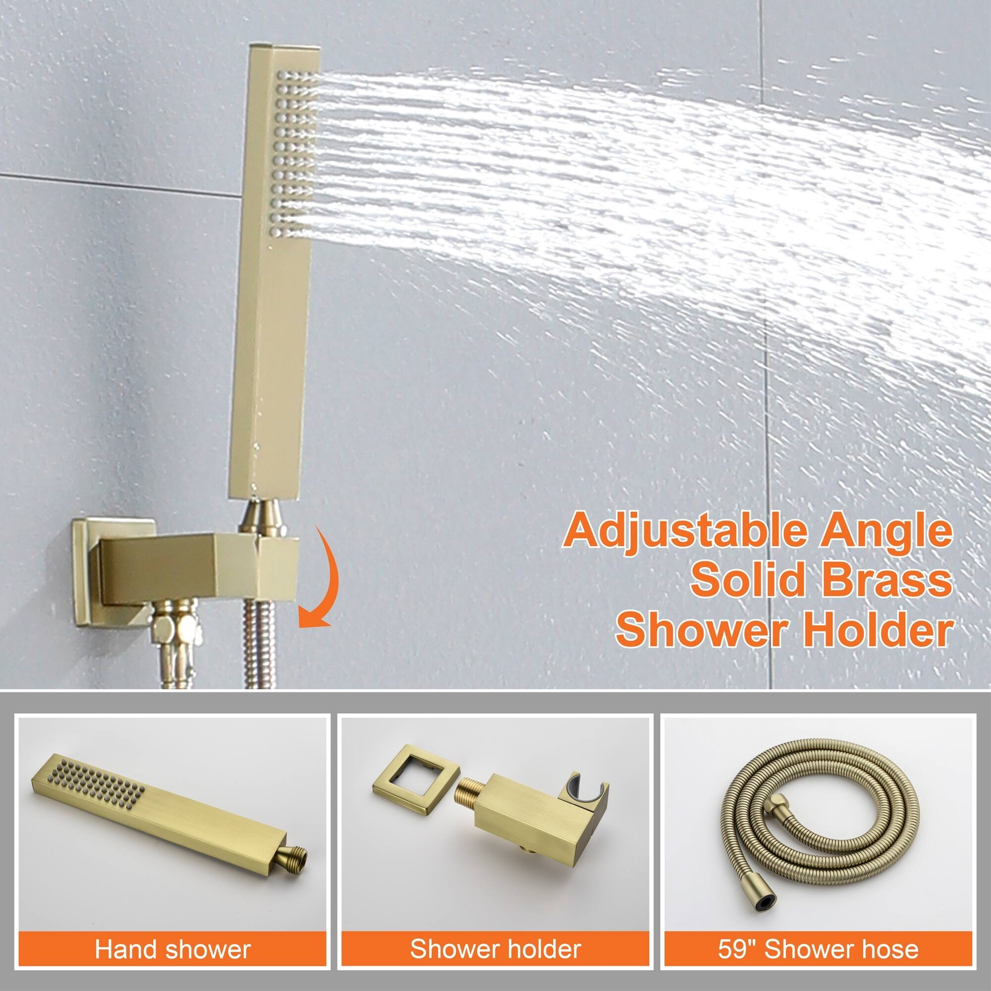 Adjustable Angle Solid Brass Shower Holder  
Hand shower  
Shower holder  
59" Shower hose
