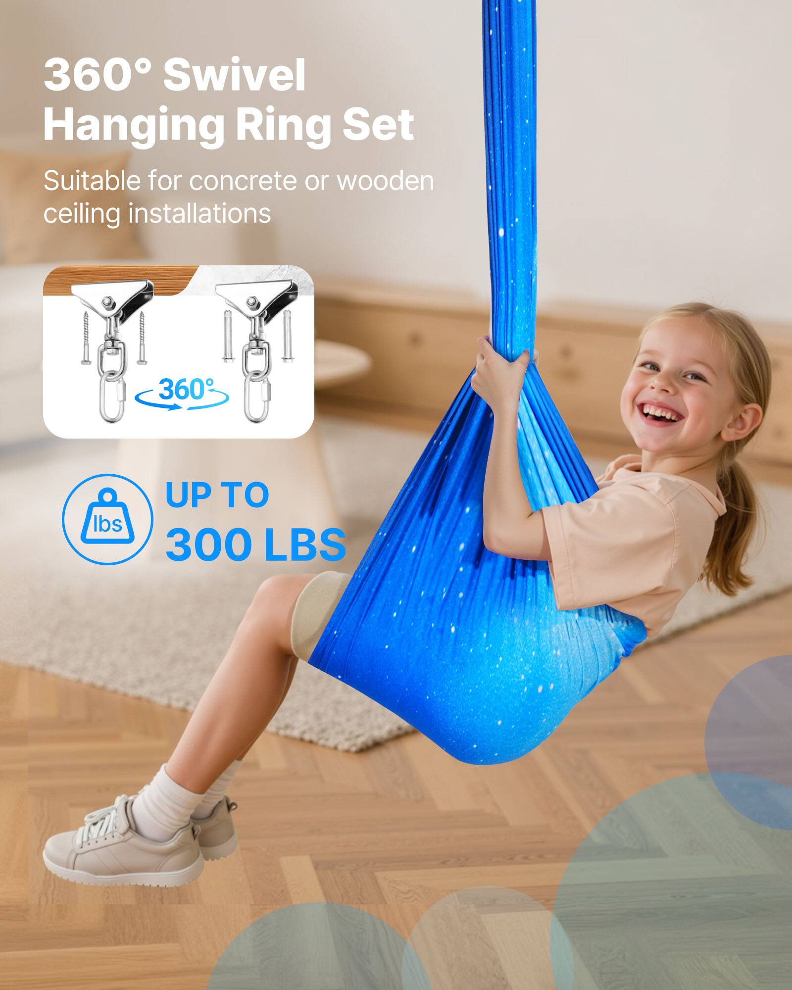 360° Swivel Hanging Ring Set  
Suitable for concrete or wooden ceiling installations  

UP TO 300 LBS