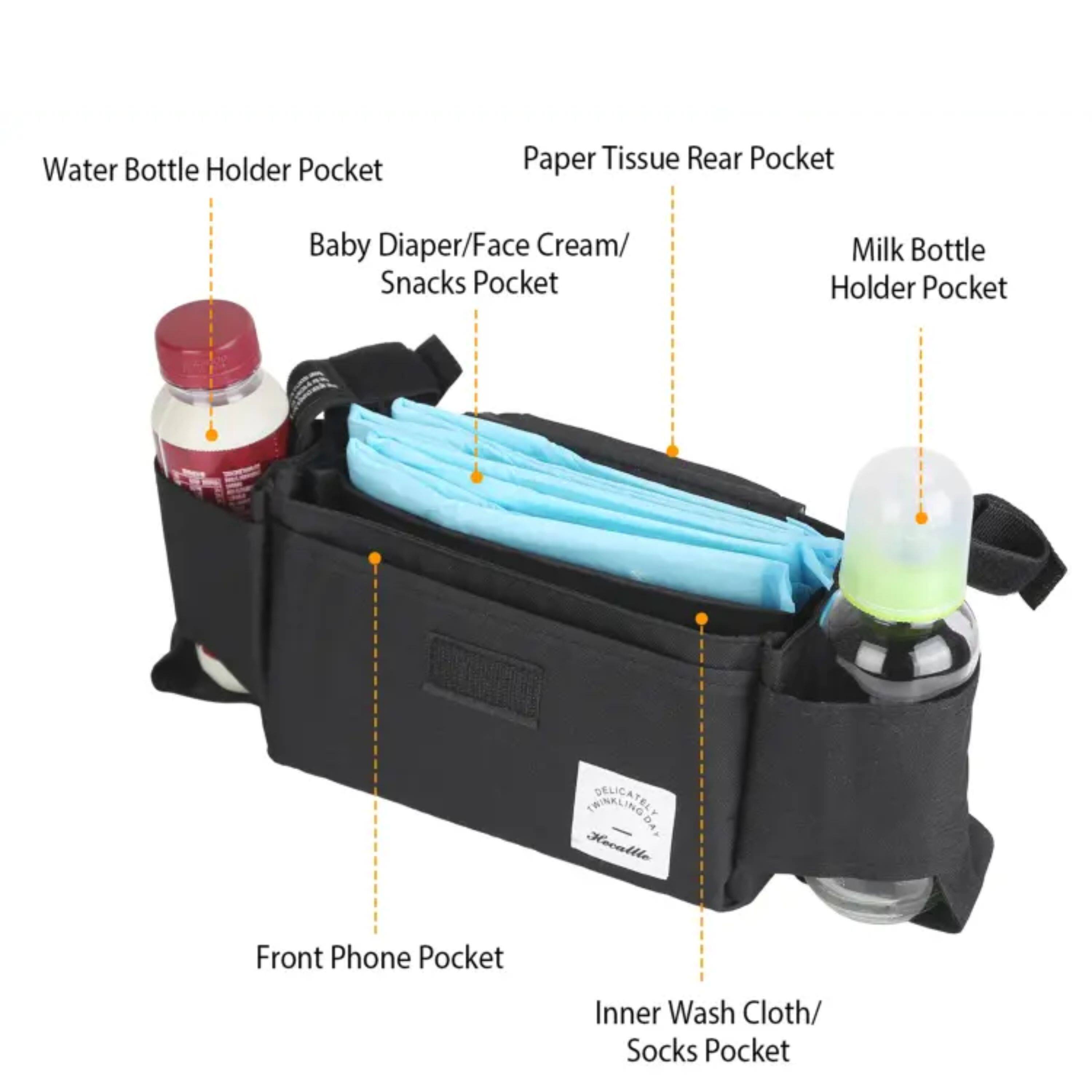 Water Bottle Holder Pocket  
Paper Tissue Rear Pocket  
Baby Diaper/Face Cream/Snacks Pocket  
Milk Bottle Holder Pocket  
Front Phone Pocket  
Inner Wash Cloth/Socks Pocket